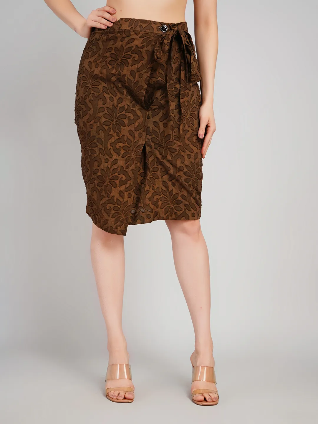 Women Dark Brown Textured Co-Ord Set with V-Neck Tunic & Midi Skirt