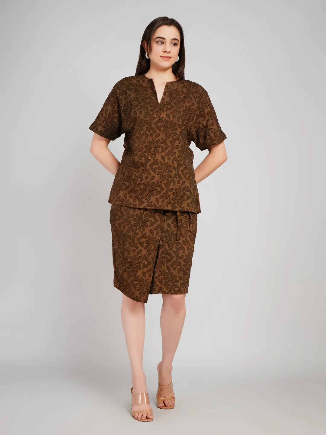 Women Dark Brown Textured Co-Ord Set with V-Neck Tunic & Midi Skirt