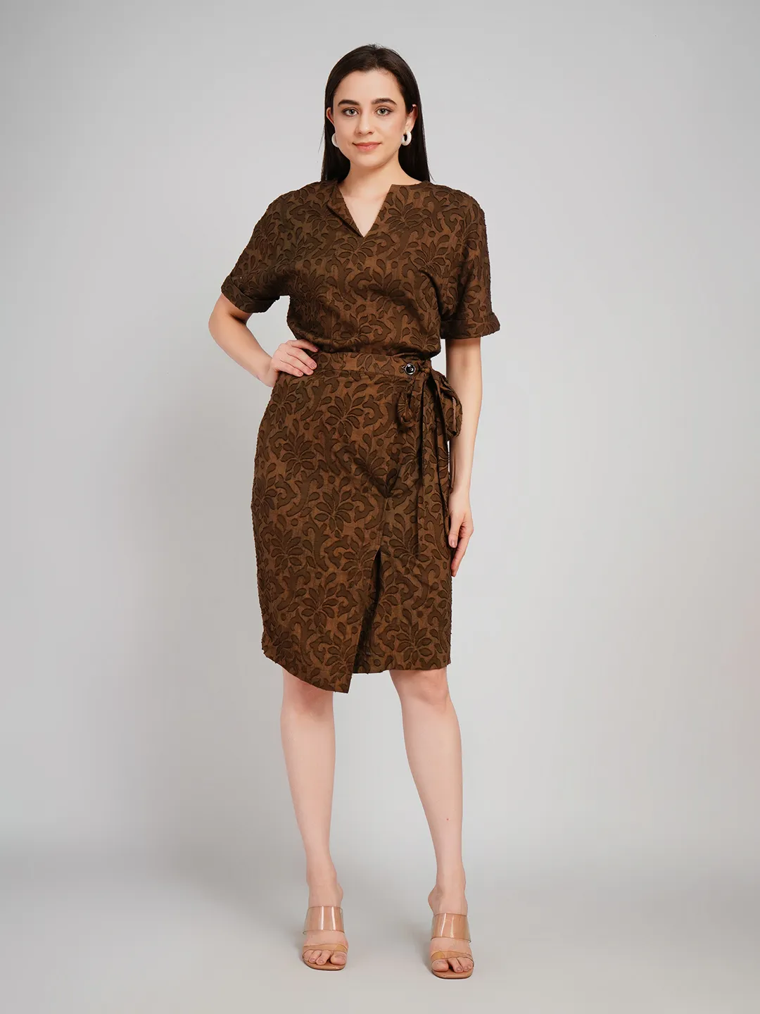 Women Dark Brown Textured Co-Ord Set with V-Neck Tunic & Midi Skirt