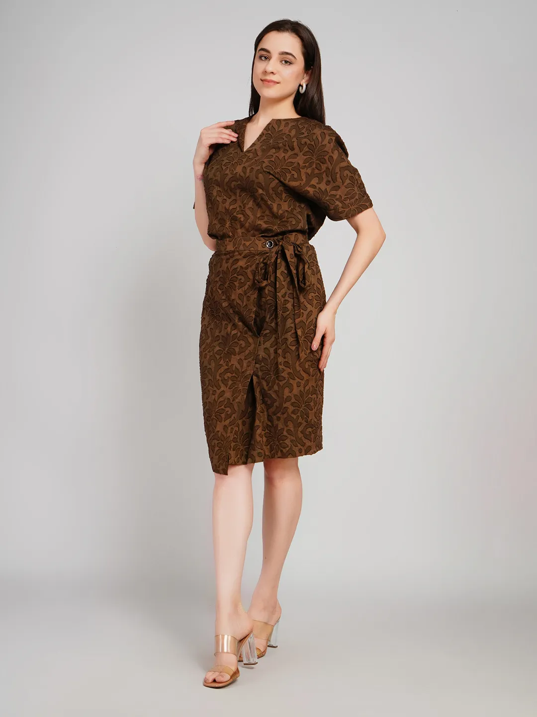 Women Dark Brown Textured Co-Ord Set with V-Neck Tunic & Midi Skirt
