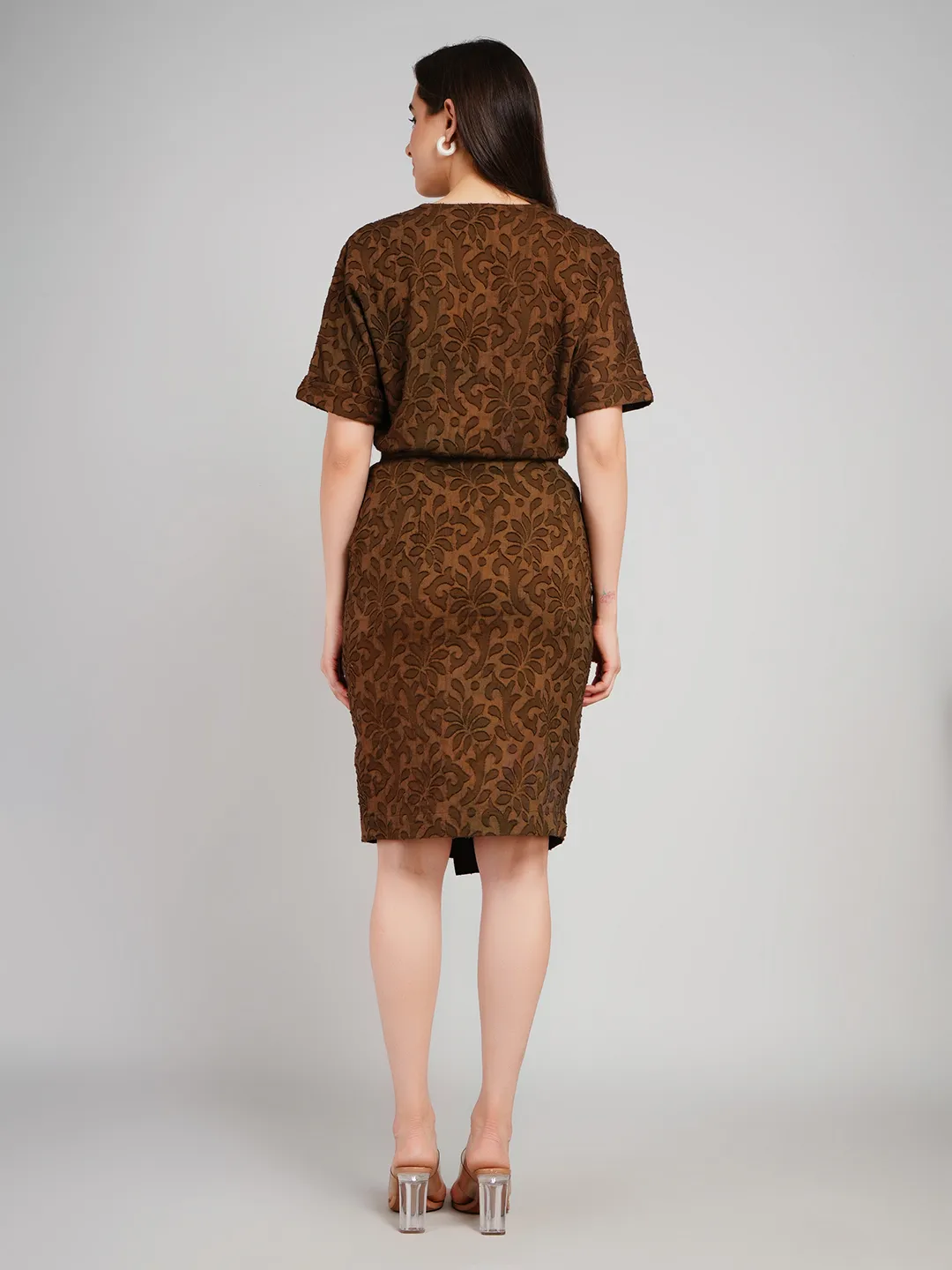 Women Dark Brown Textured Co-Ord Set with V-Neck Tunic & Midi Skirt