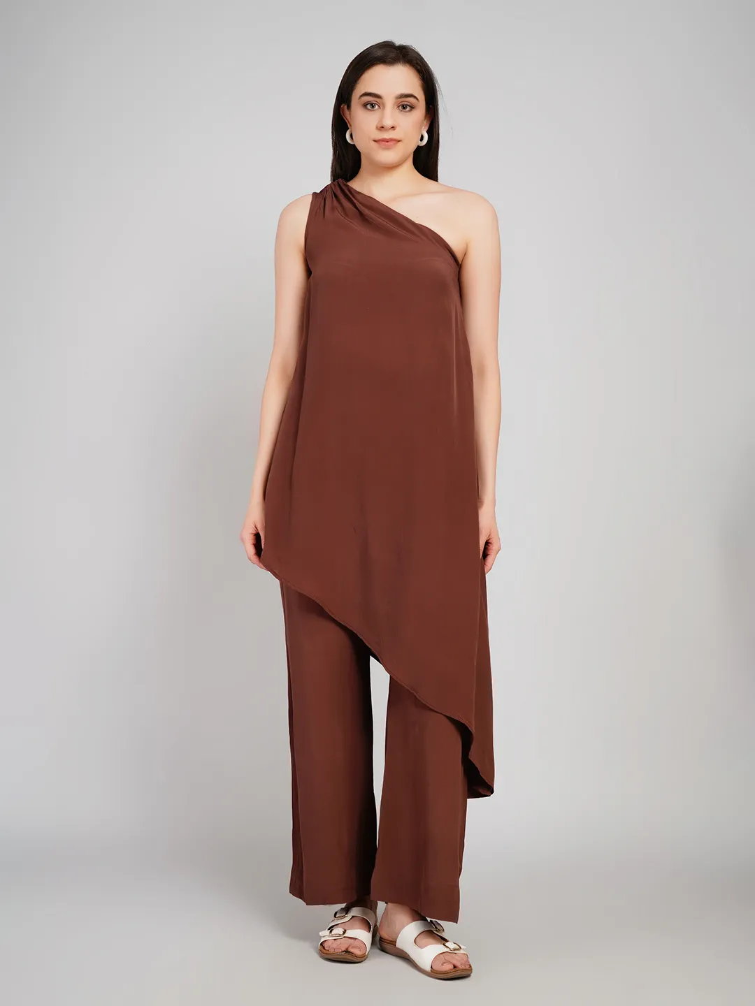 Women Coffee Brown One-Shoulder Co-Ord Set with Asymmetric Tunic