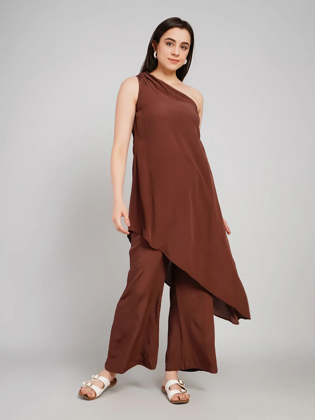 Women Coffee Brown One-Shoulder Co-Ord Set with Asymmetric Tunic