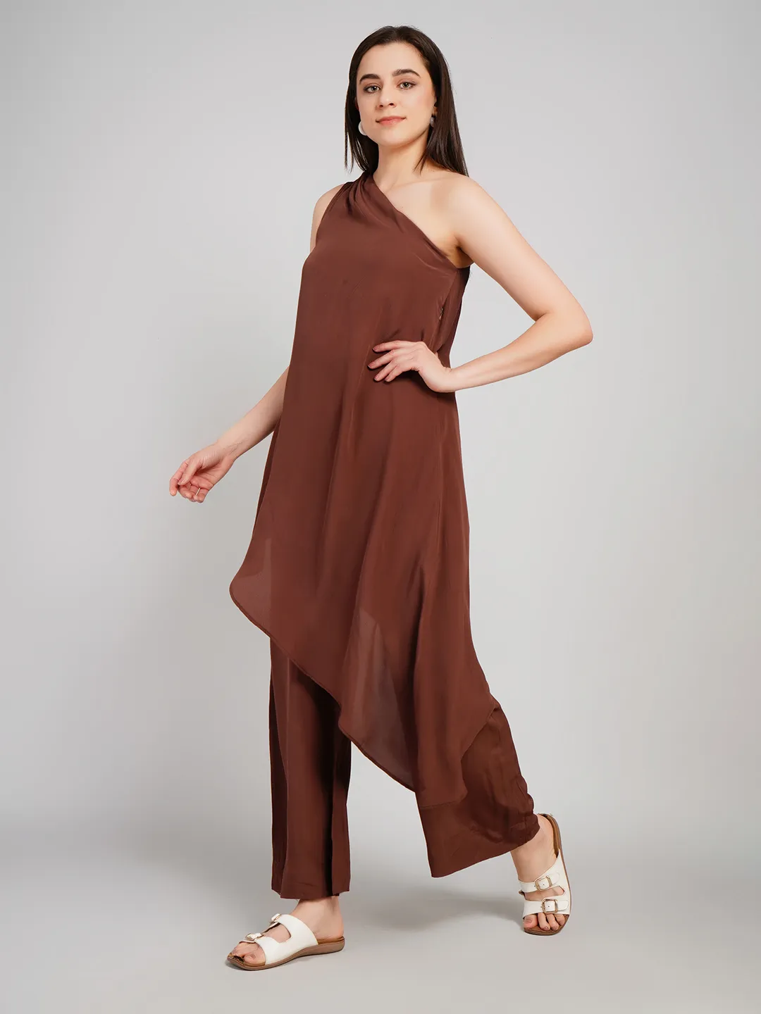 Women Coffee Brown One-Shoulder Co-Ord Set with Asymmetric Tunic