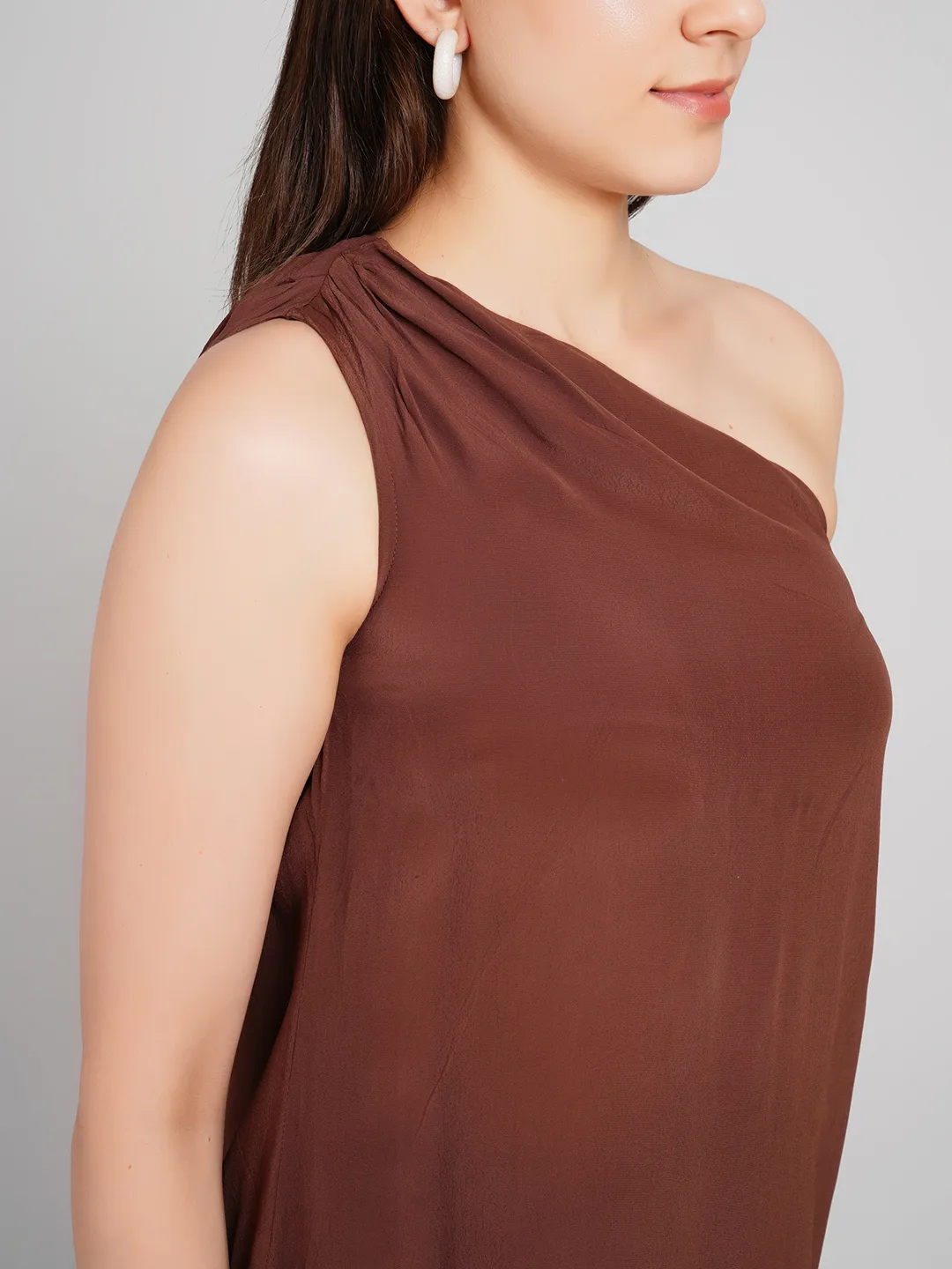 Women Coffee Brown One-Shoulder Co-Ord Set with Asymmetric Tunic