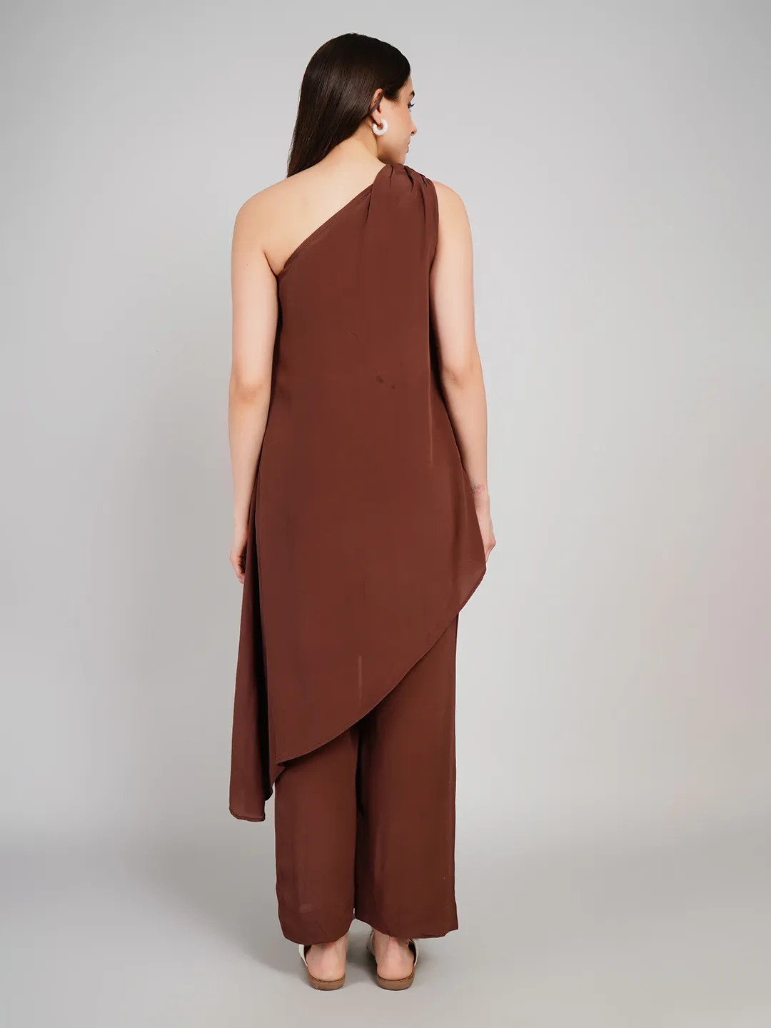 Women Coffee Brown One-Shoulder Co-Ord Set with Asymmetric Tunic