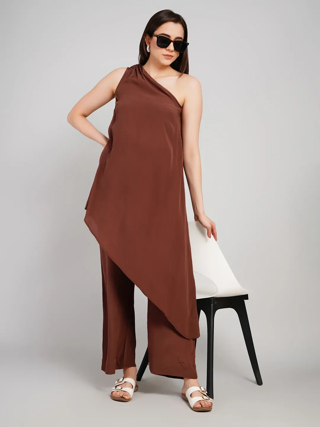 Women Coffee Brown One-Shoulder Co-Ord Set with Asymmetric Tunic