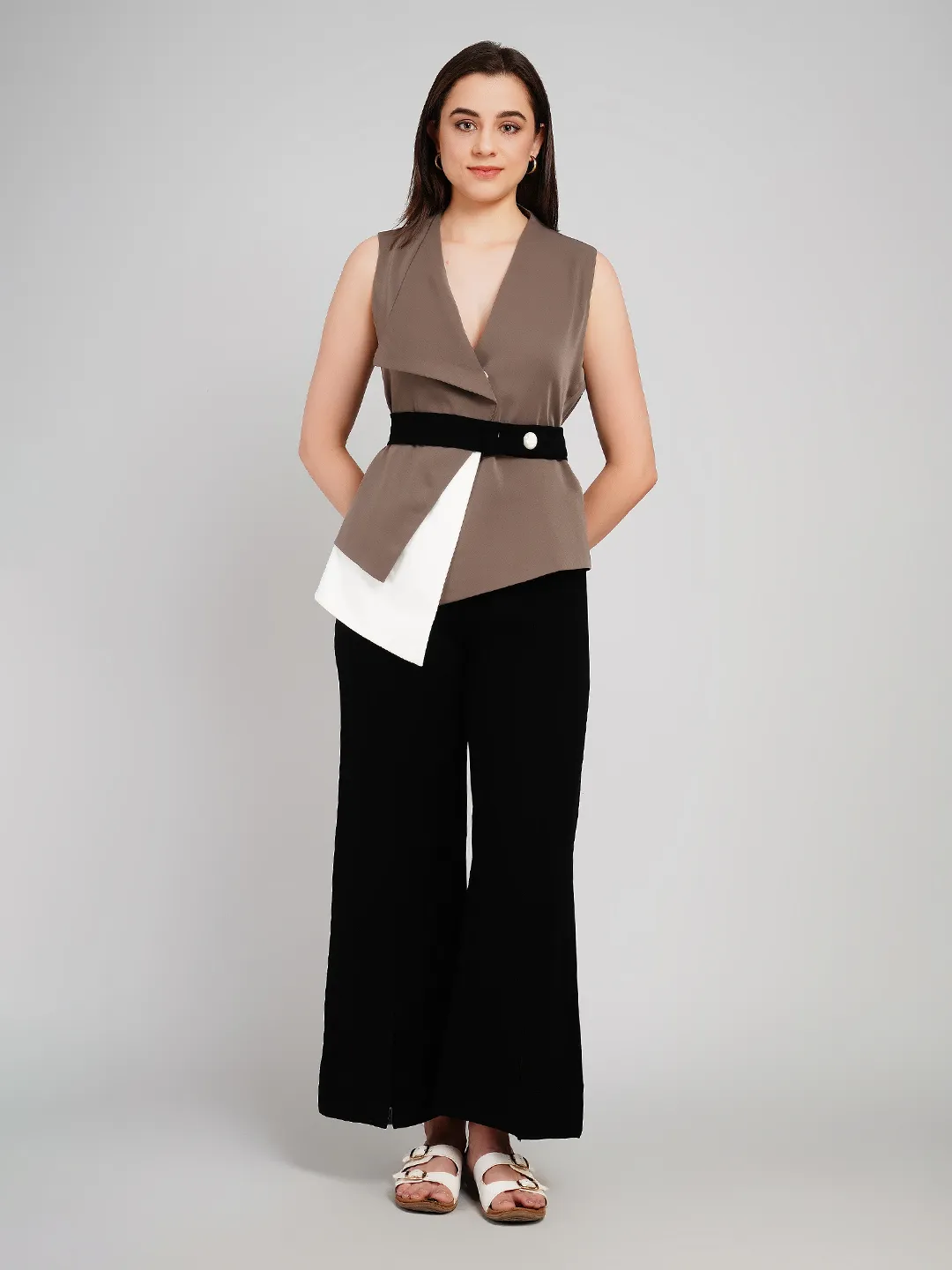 Women Color-Blocked 2-Piece Set with Layered Vest & Wide-Leg Pants