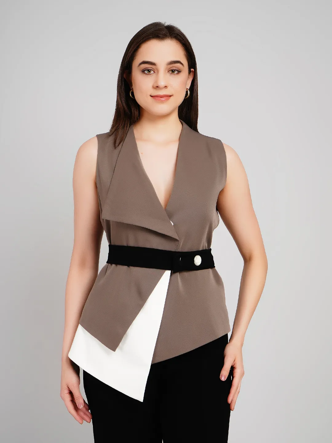 Women Color-Blocked 2-Piece Set with Layered Vest & Wide-Leg Pants