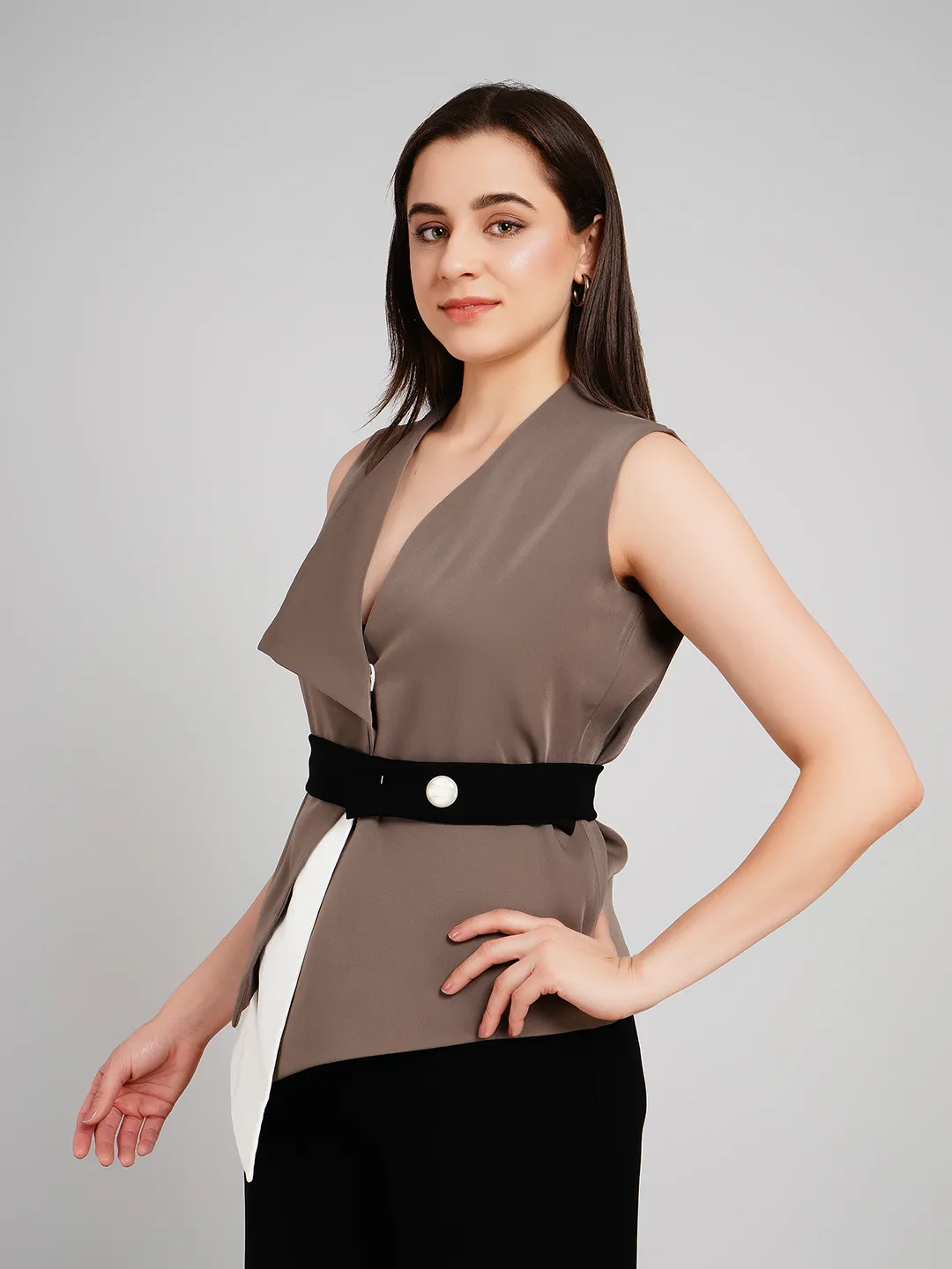 Women Color-Blocked 2-Piece Set with Layered Vest & Wide-Leg Pants
