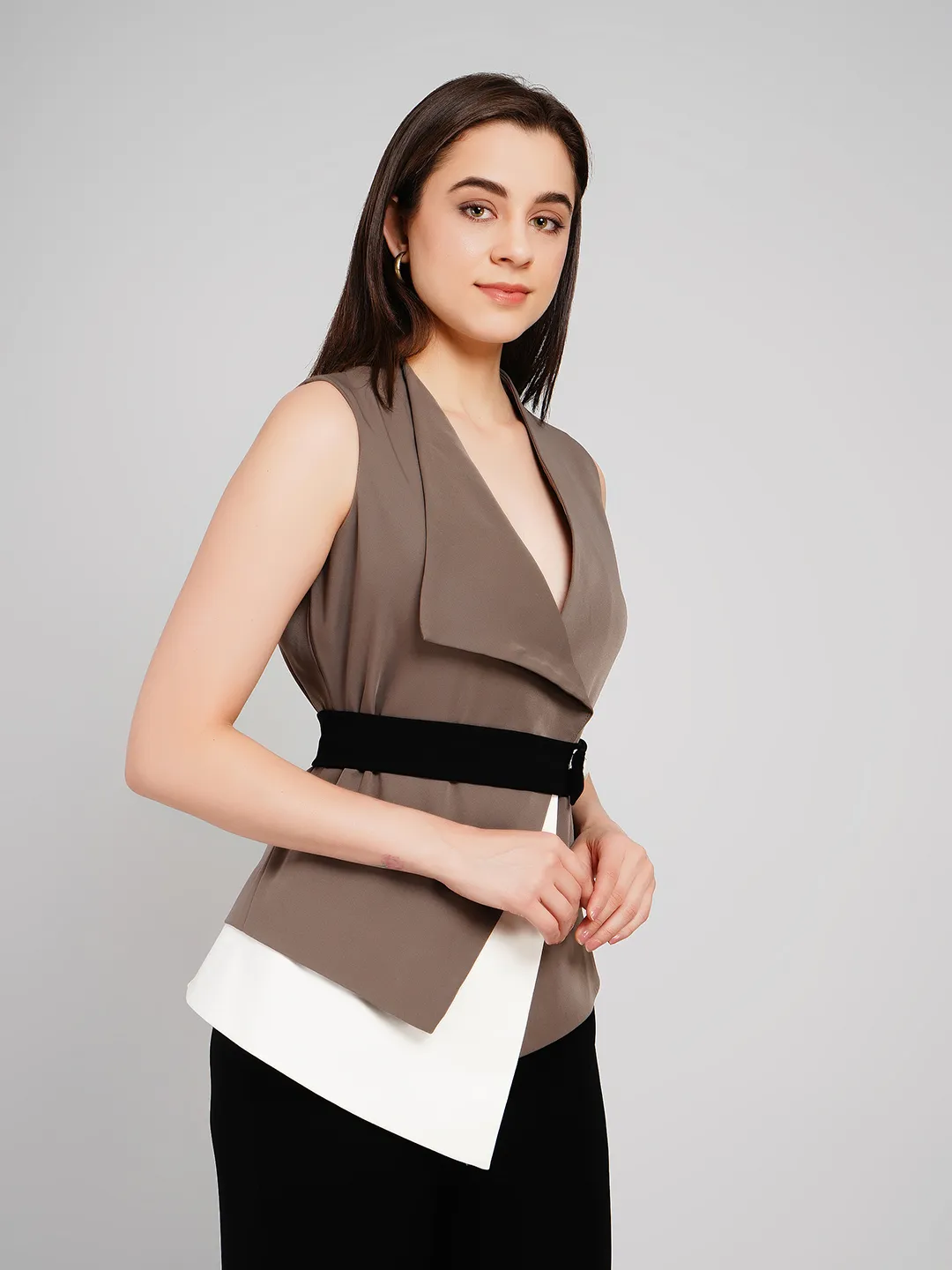 Women Color-Blocked 2-Piece Set with Layered Vest & Wide-Leg Pants