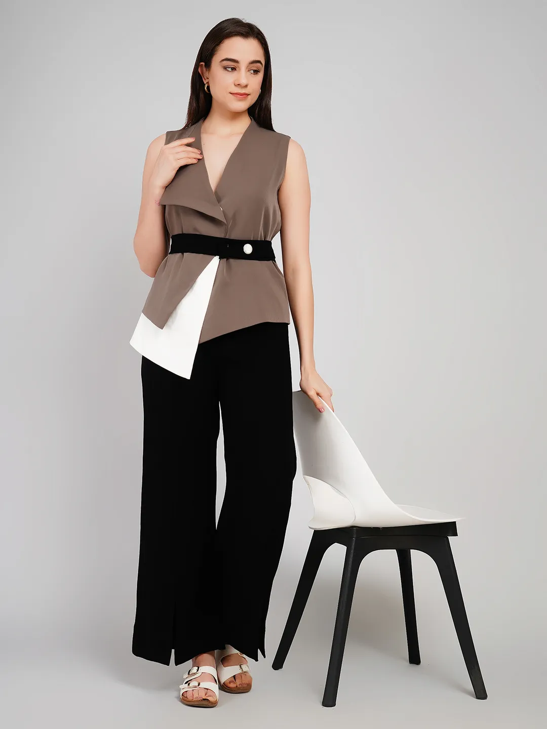 Women Color-Blocked 2-Piece Set with Layered Vest & Wide-Leg Pants