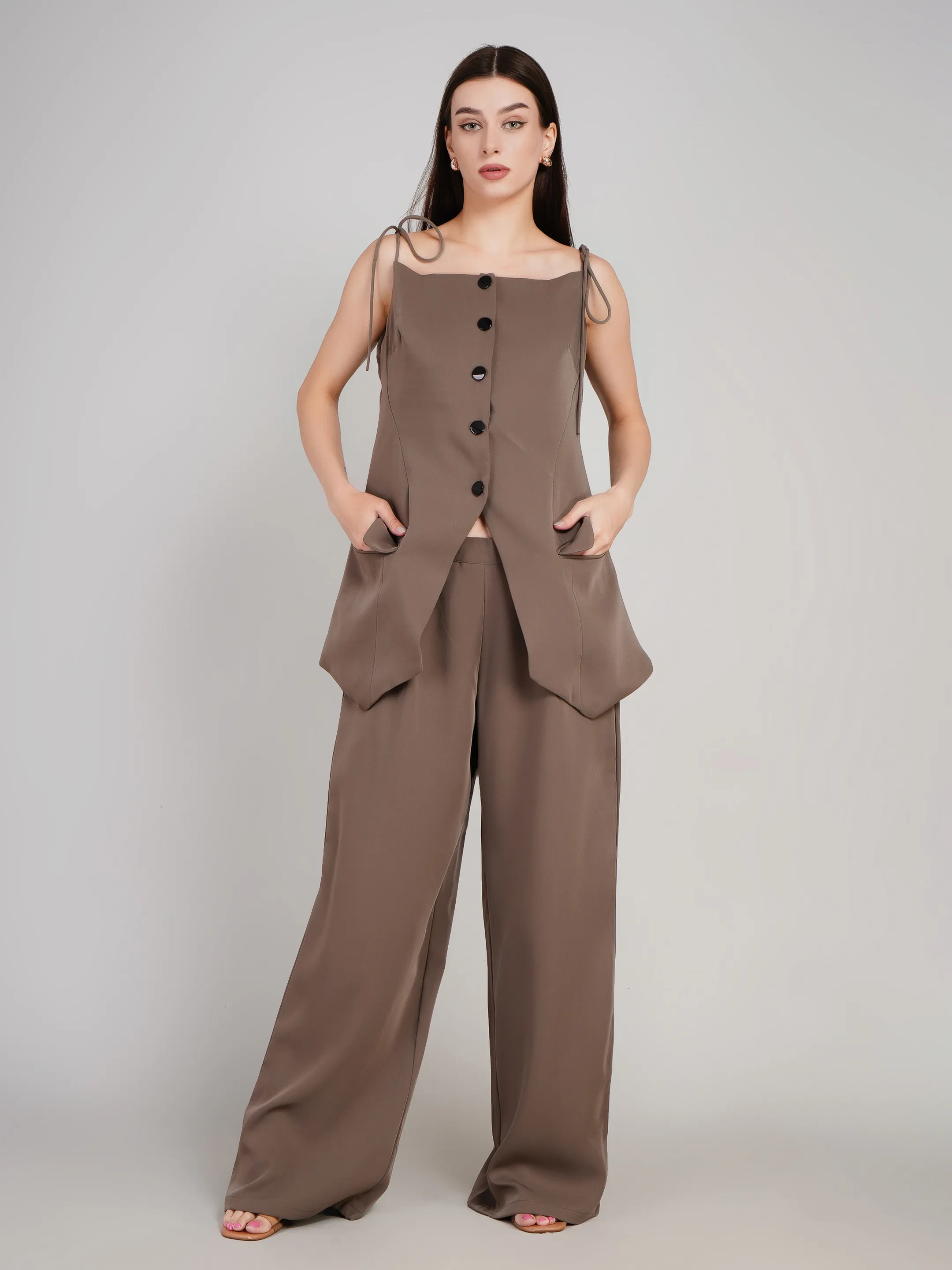 Women Mauve 2-Piece Co-Ord Set with Button-Down Vest & Wide-Leg Pants
