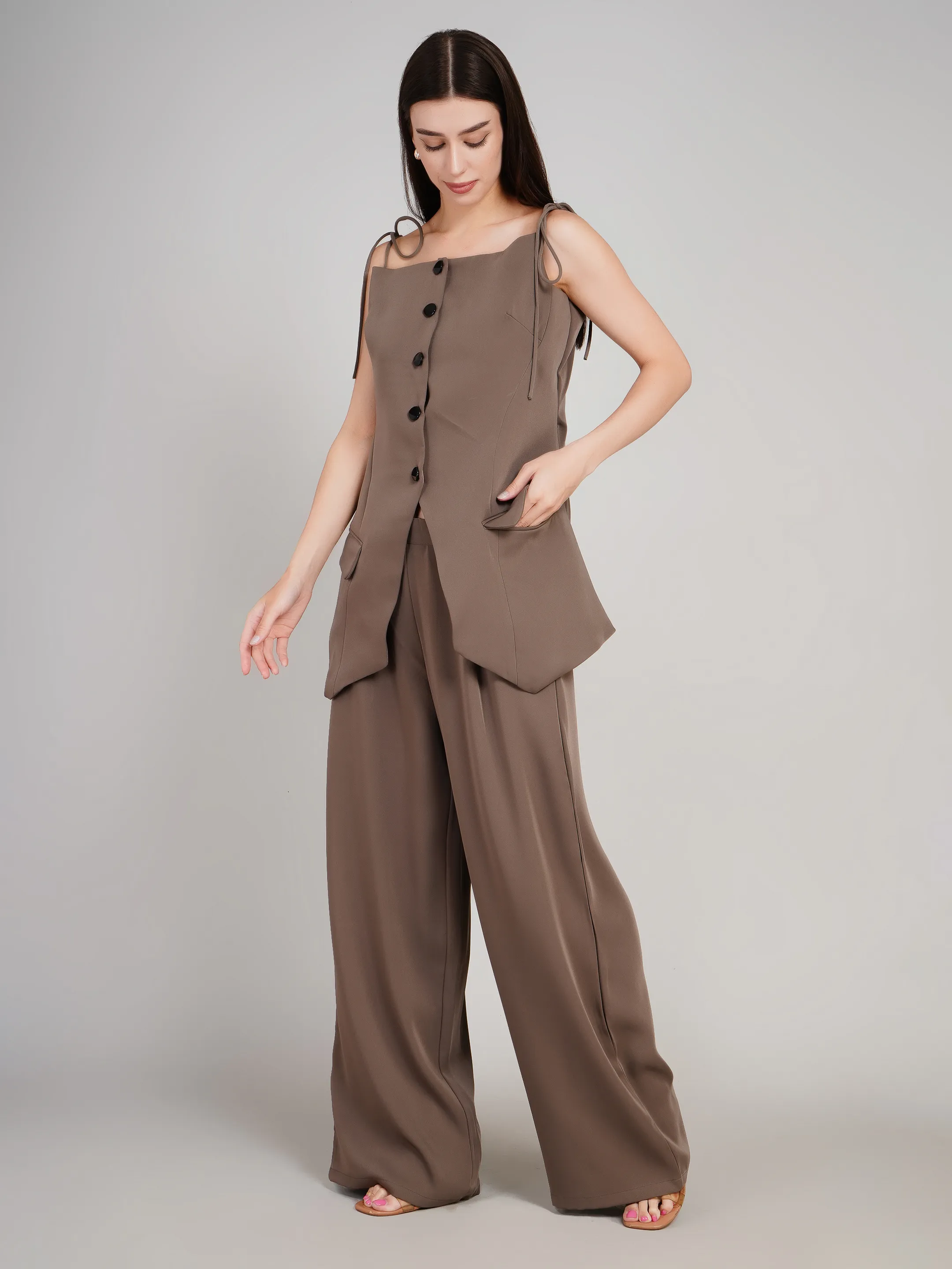 Women Mauve 2-Piece Co-Ord Set with Button-Down Vest & Wide-Leg Pants