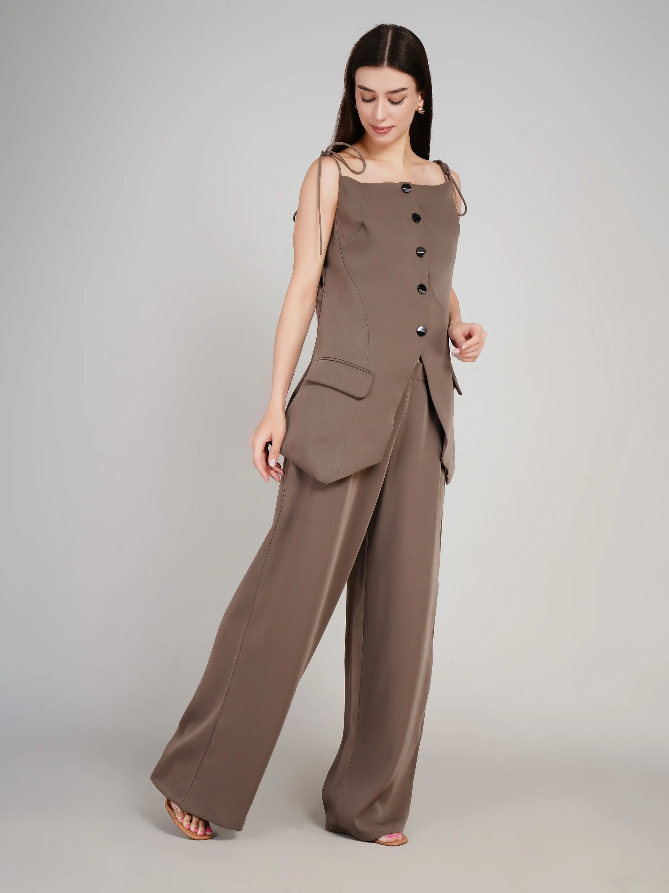 Women Mauve 2-Piece Co-Ord Set with Button-Down Vest & Wide-Leg Pants