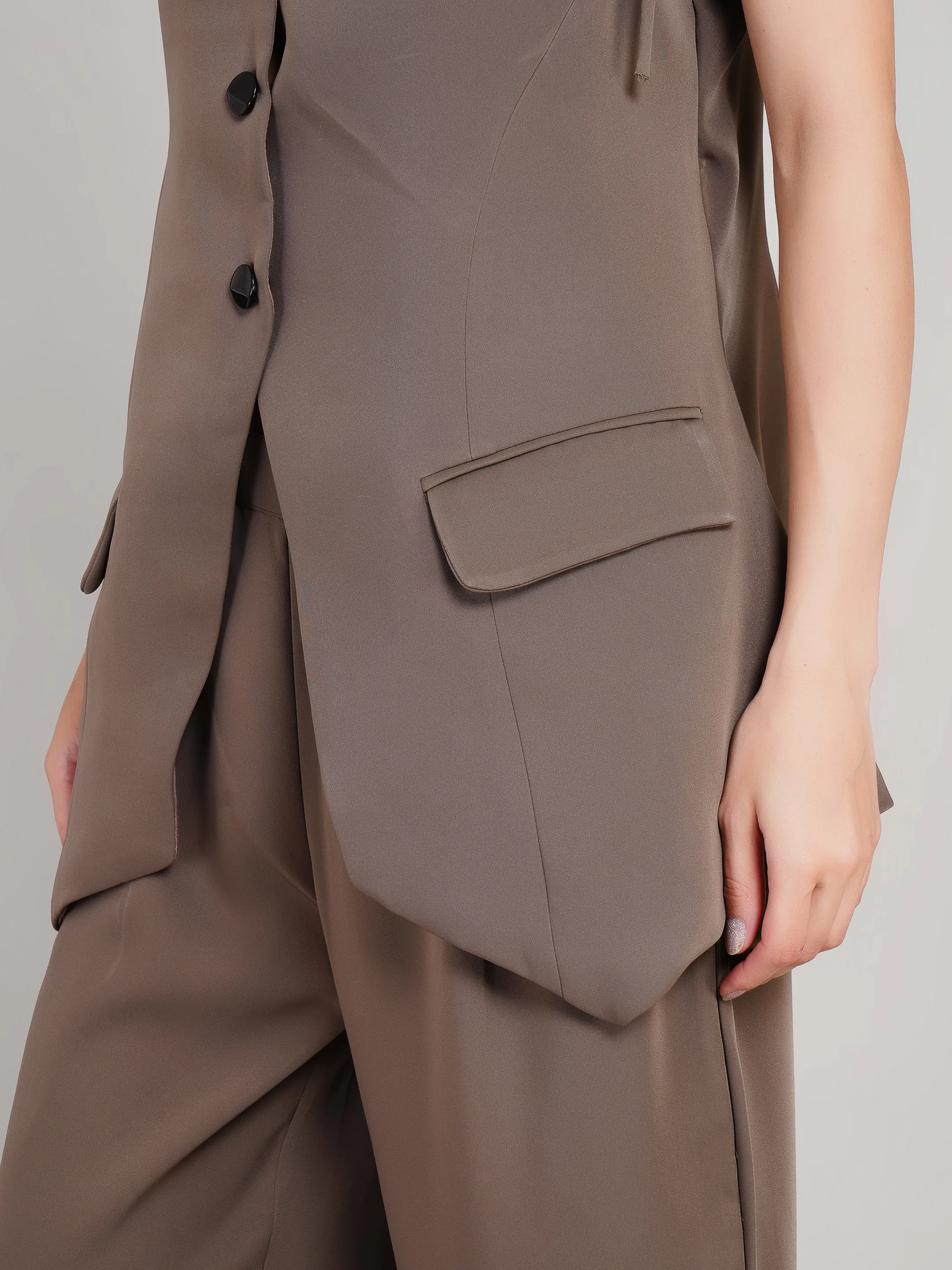 Women Mauve 2-Piece Co-Ord Set with Button-Down Vest & Wide-Leg Pants