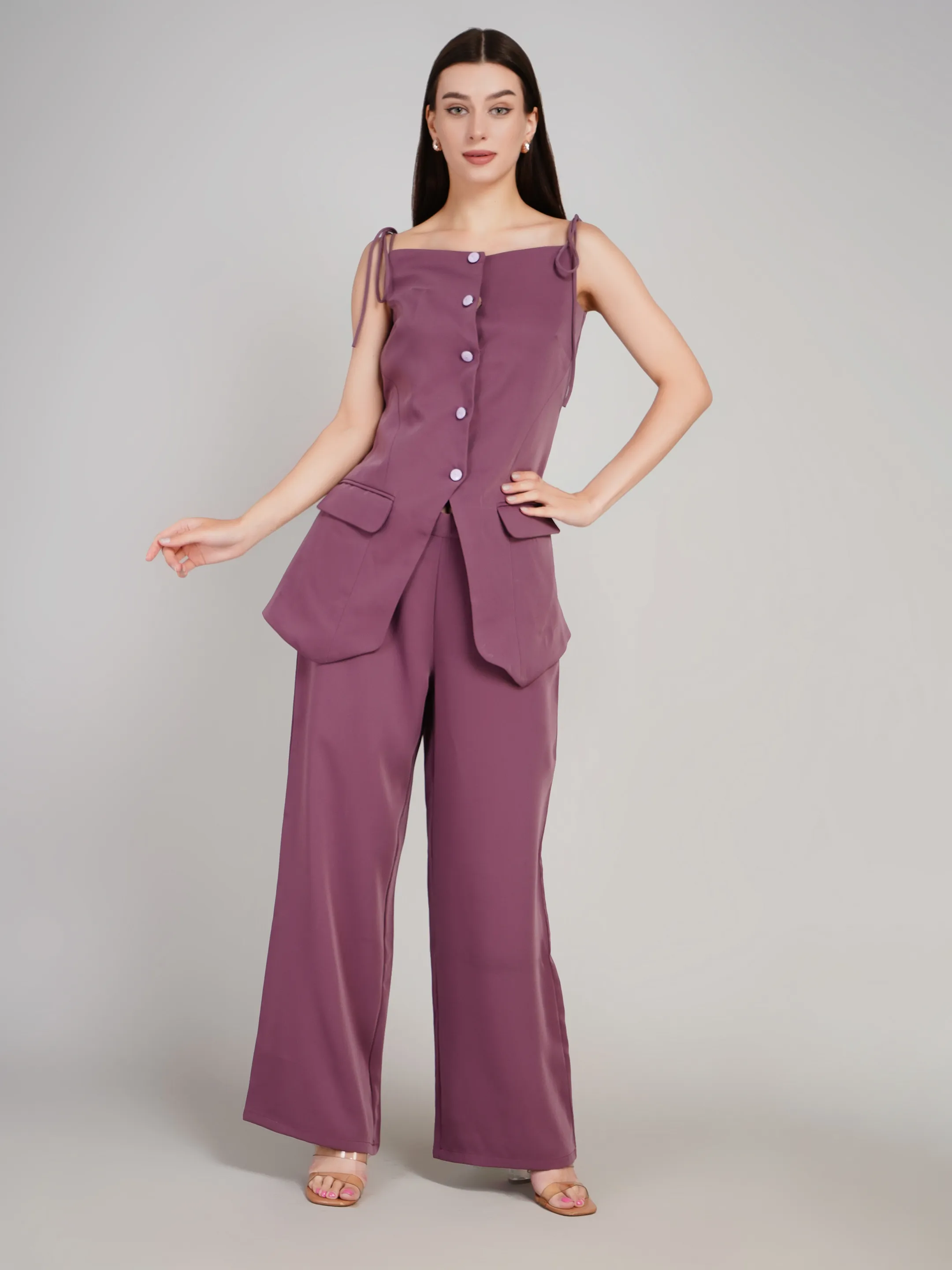 Women Mauve 2-Piece Co-Ord Set with Button-Down Vest & Wide-Leg Pants