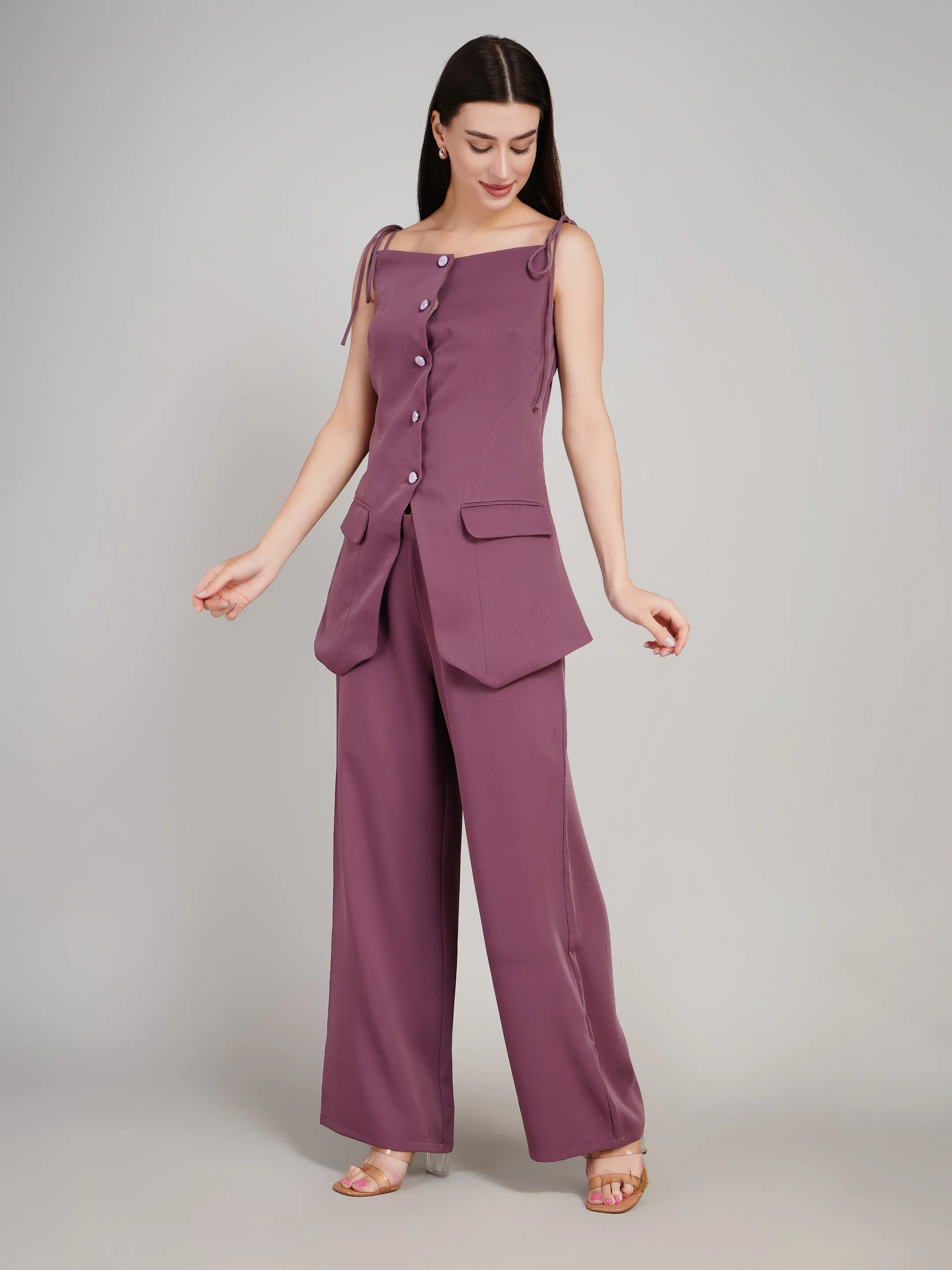 Women Mauve 2-Piece Co-Ord Set with Button-Down Vest & Wide-Leg Pants