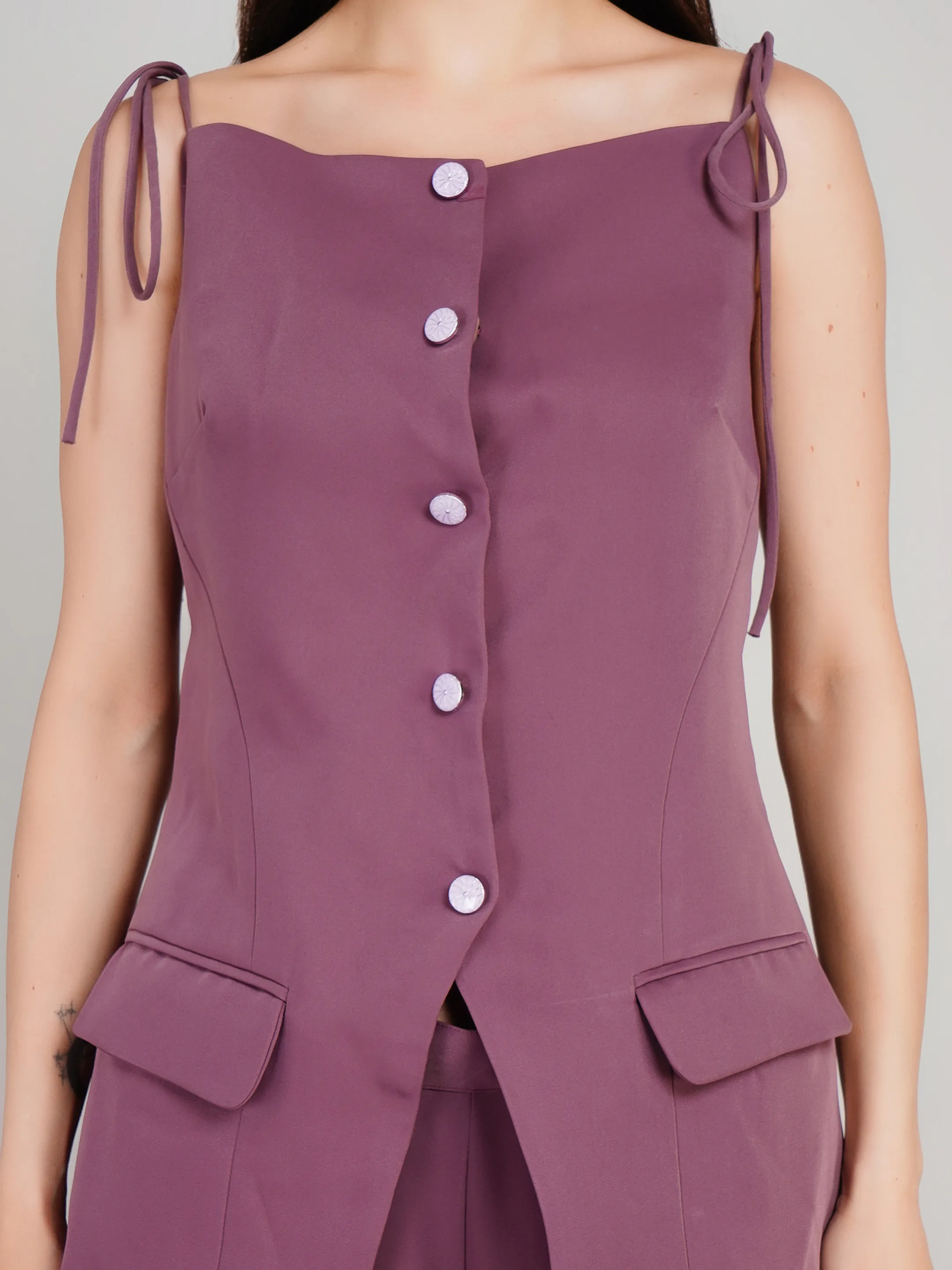 Women Mauve 2-Piece Co-Ord Set with Button-Down Vest & Wide-Leg Pants