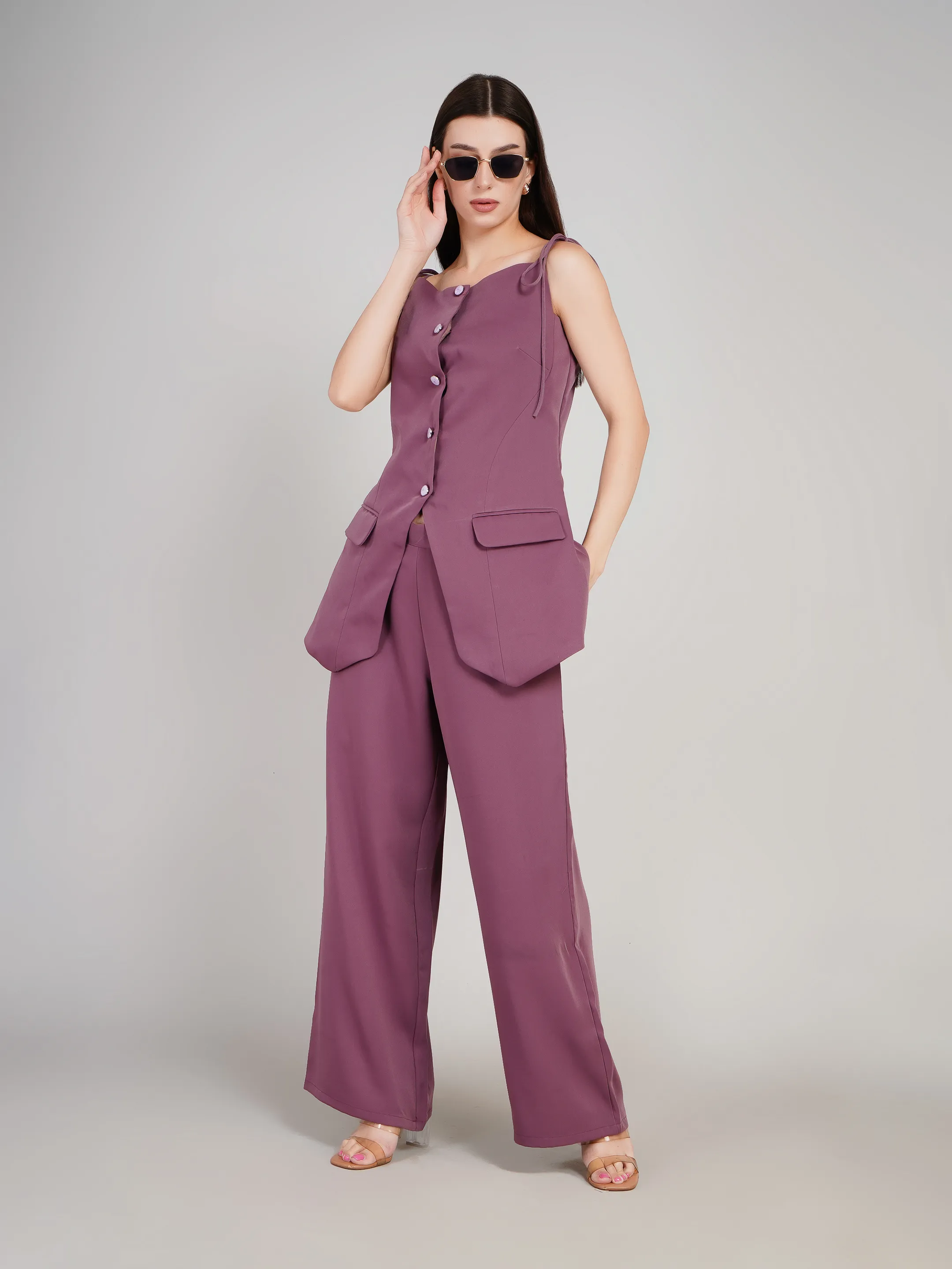Women Mauve 2-Piece Co-Ord Set with Button-Down Vest & Wide-Leg Pants