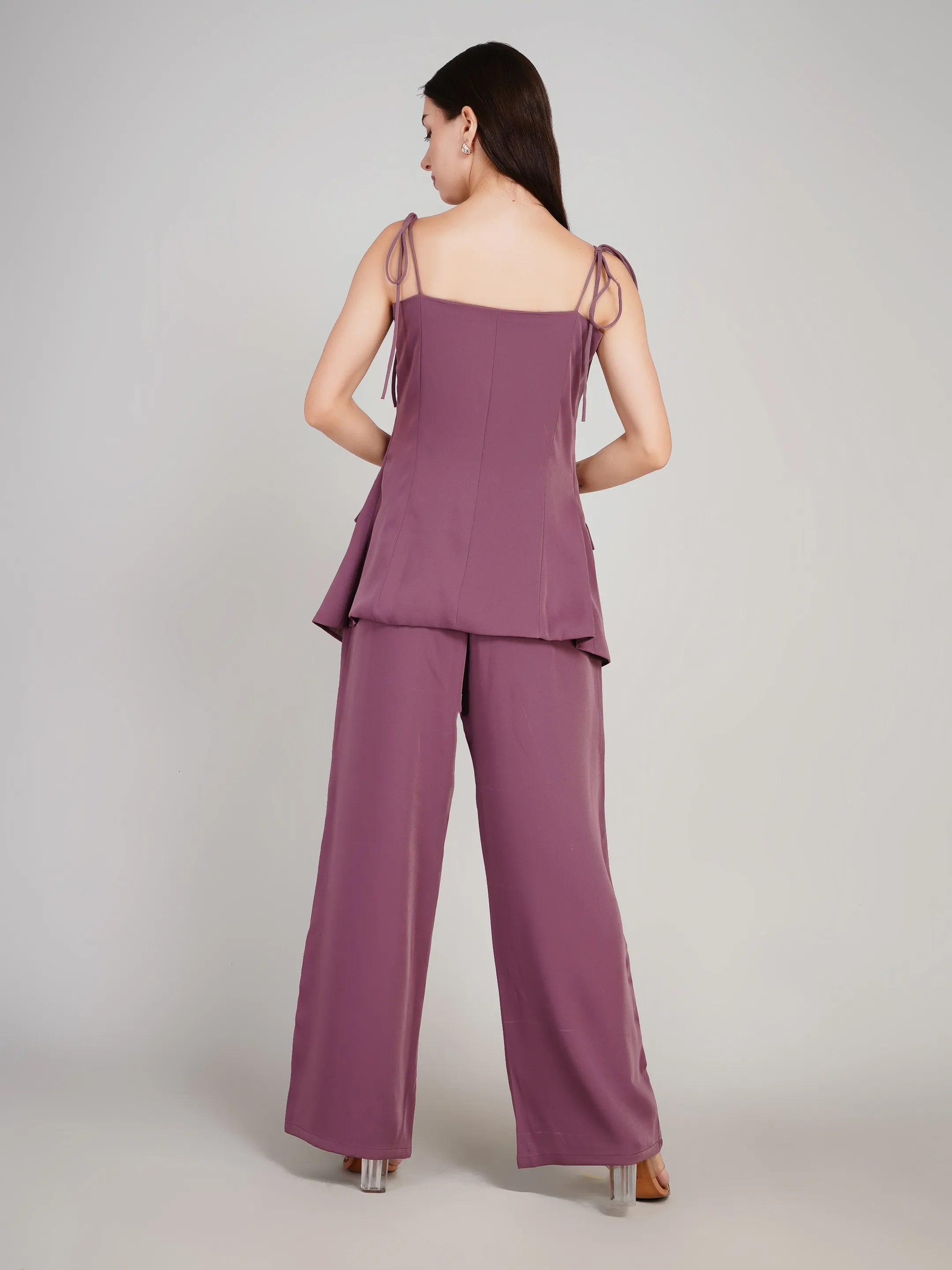 Women Mauve 2-Piece Co-Ord Set with Button-Down Vest & Wide-Leg Pants
