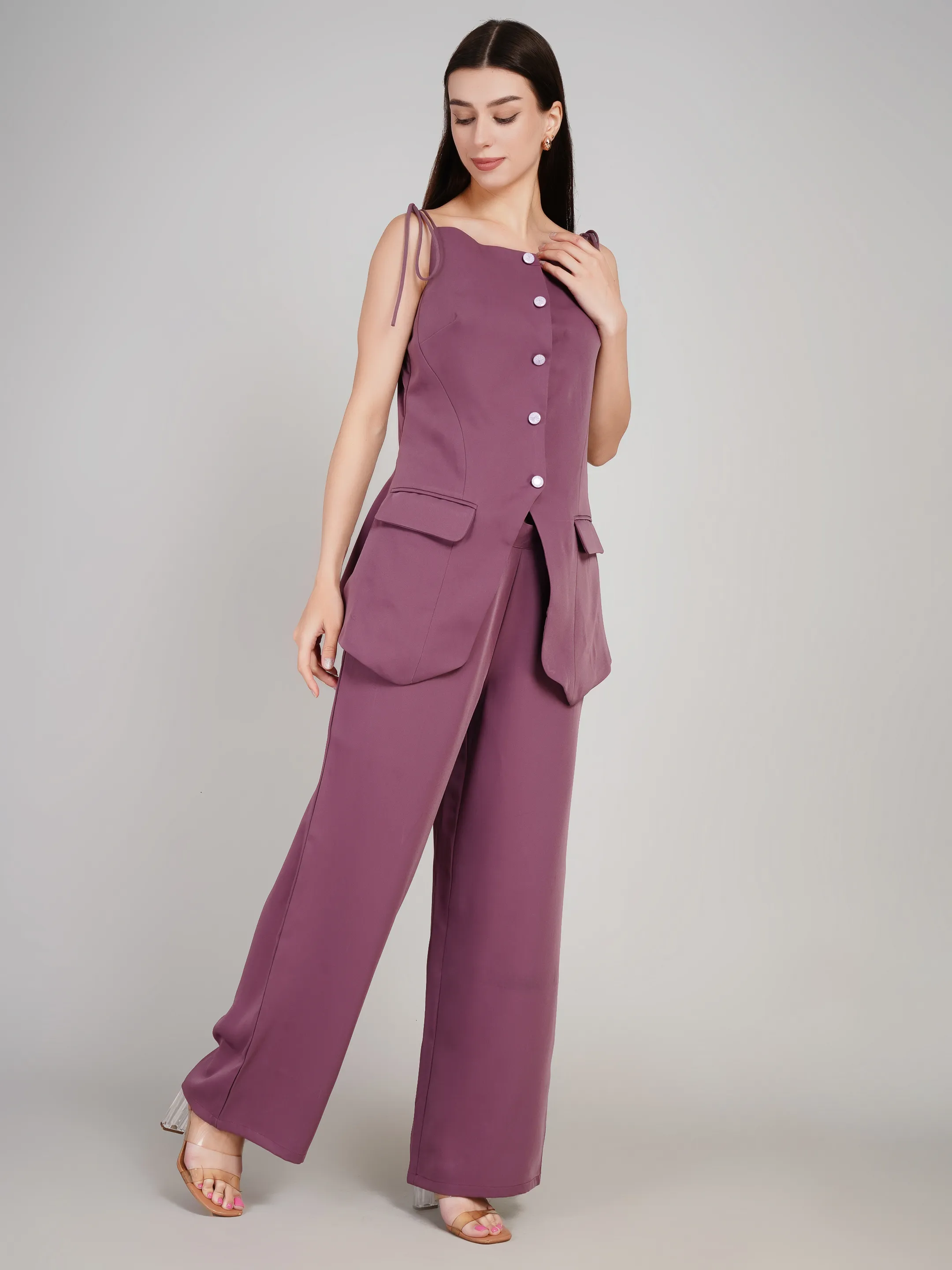 Women Mauve 2-Piece Co-Ord Set with Button-Down Vest & Wide-Leg Pants