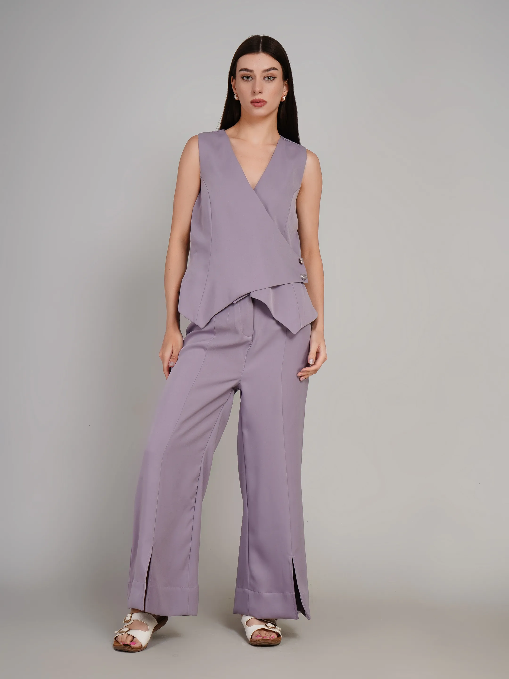 Women Lavender Structured Co-Ord Set with Slit-Hem Flared Trousers