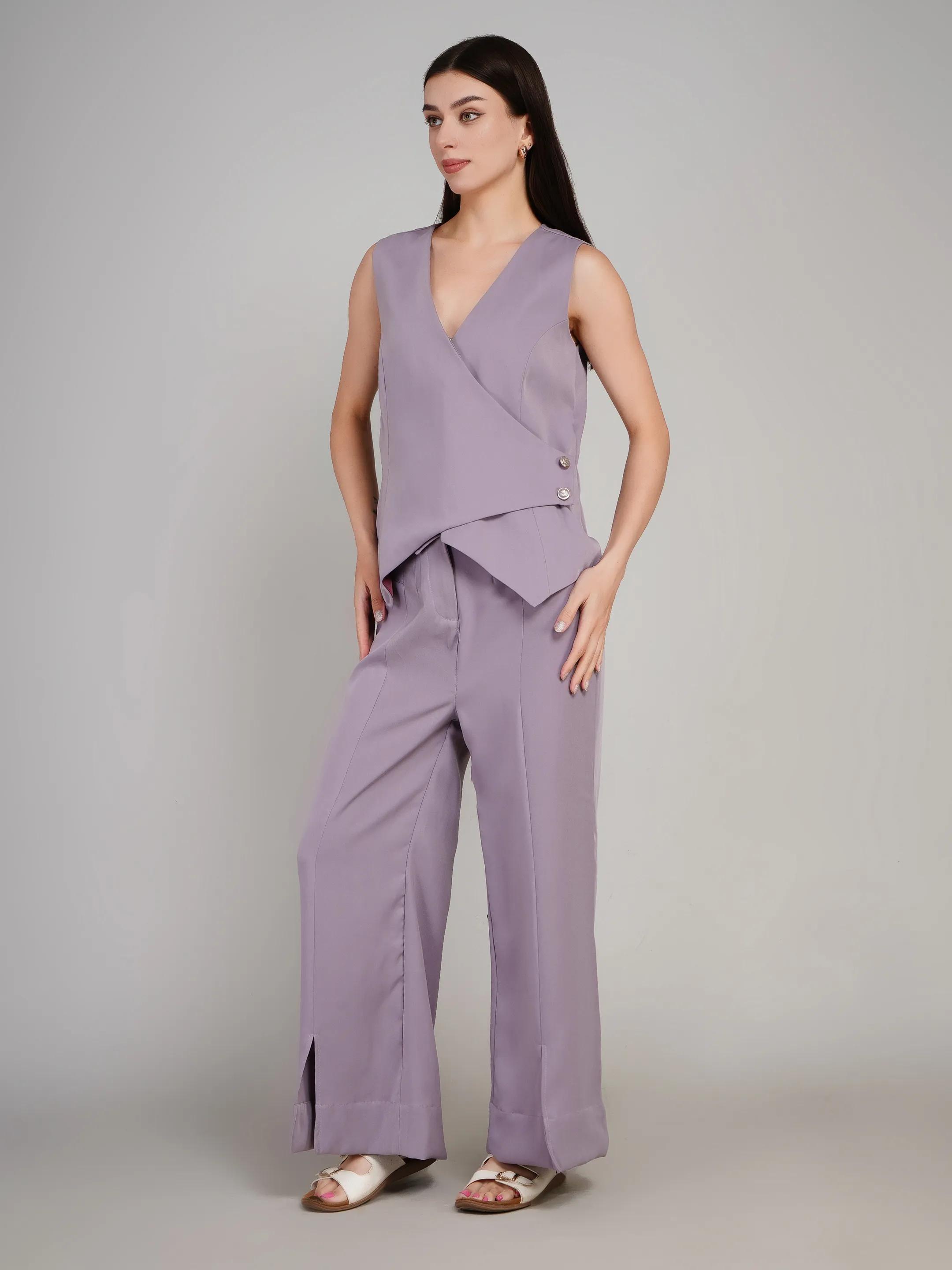 Women Lavender Structured Co-Ord Set with Slit-Hem Flared Trousers