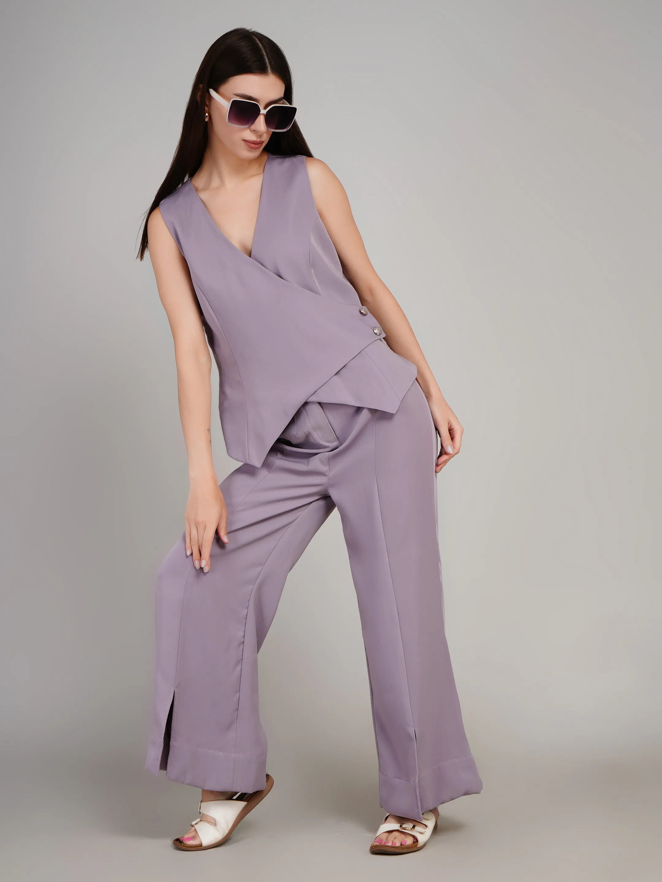 Women Lavender Structured Co-Ord Set with Slit-Hem Flared Trousers