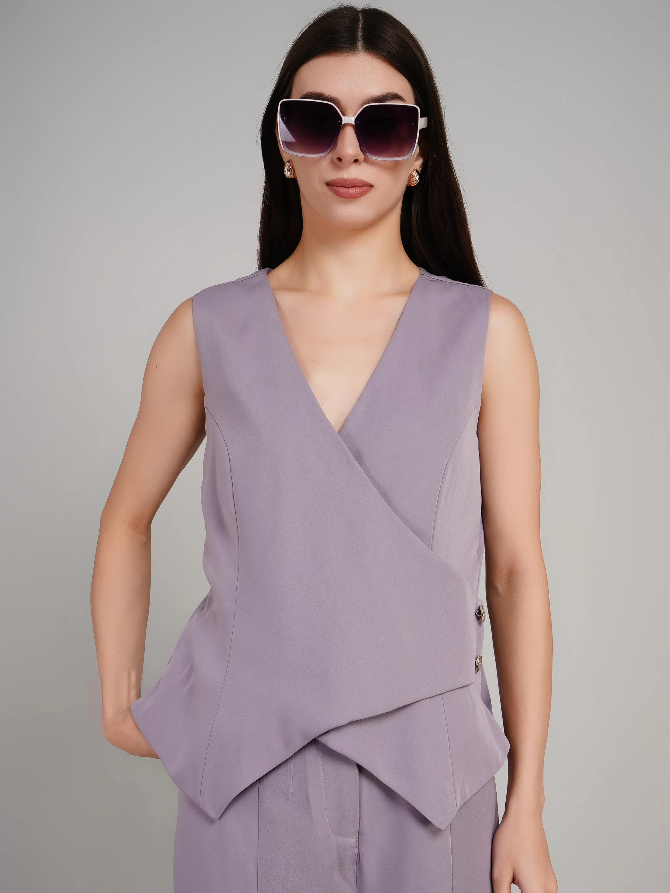 Women Lavender Structured Co-Ord Set with Slit-Hem Flared Trousers