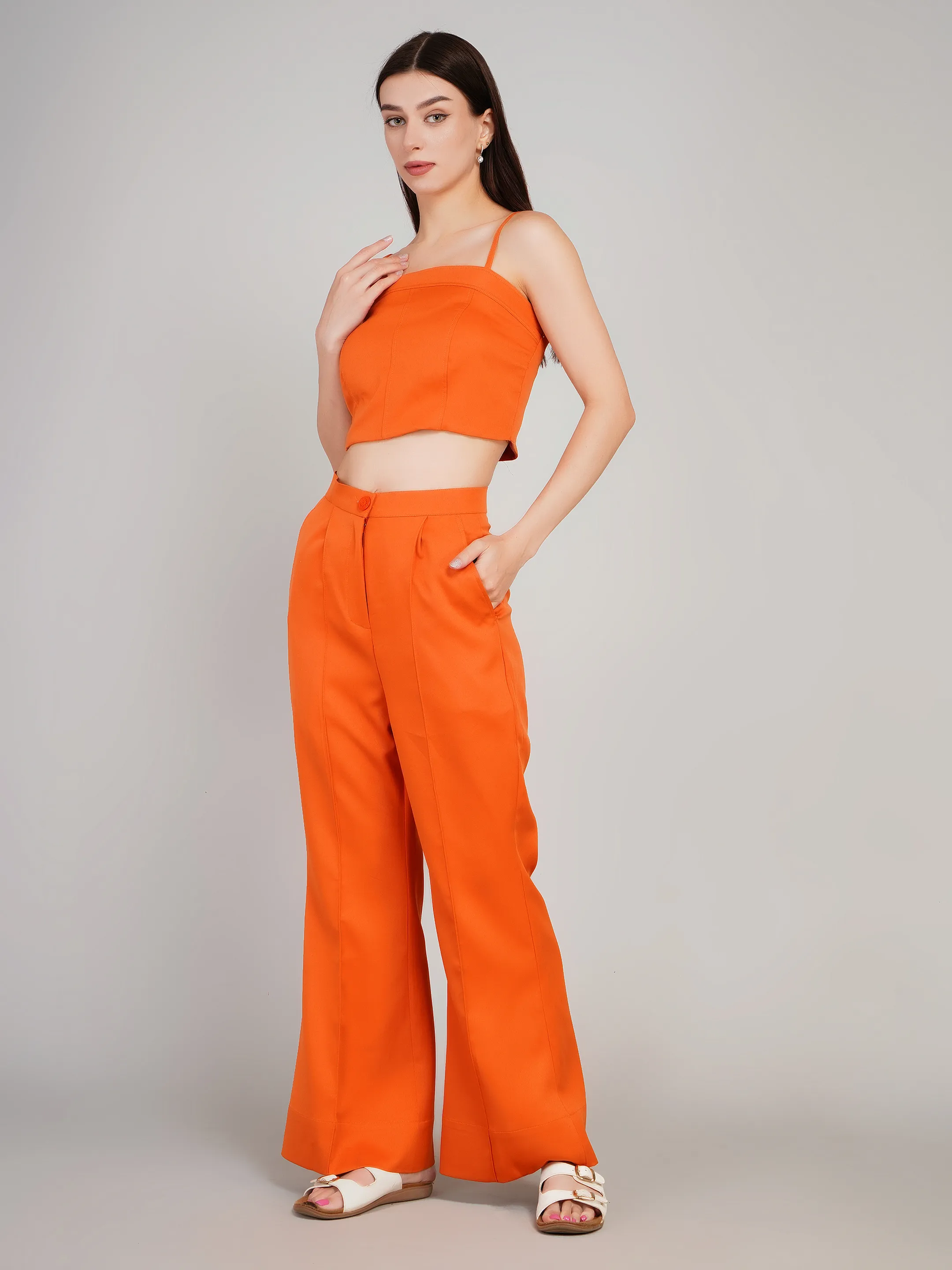 Women Orange Solid 3-Piece Set with Cape Blazer
