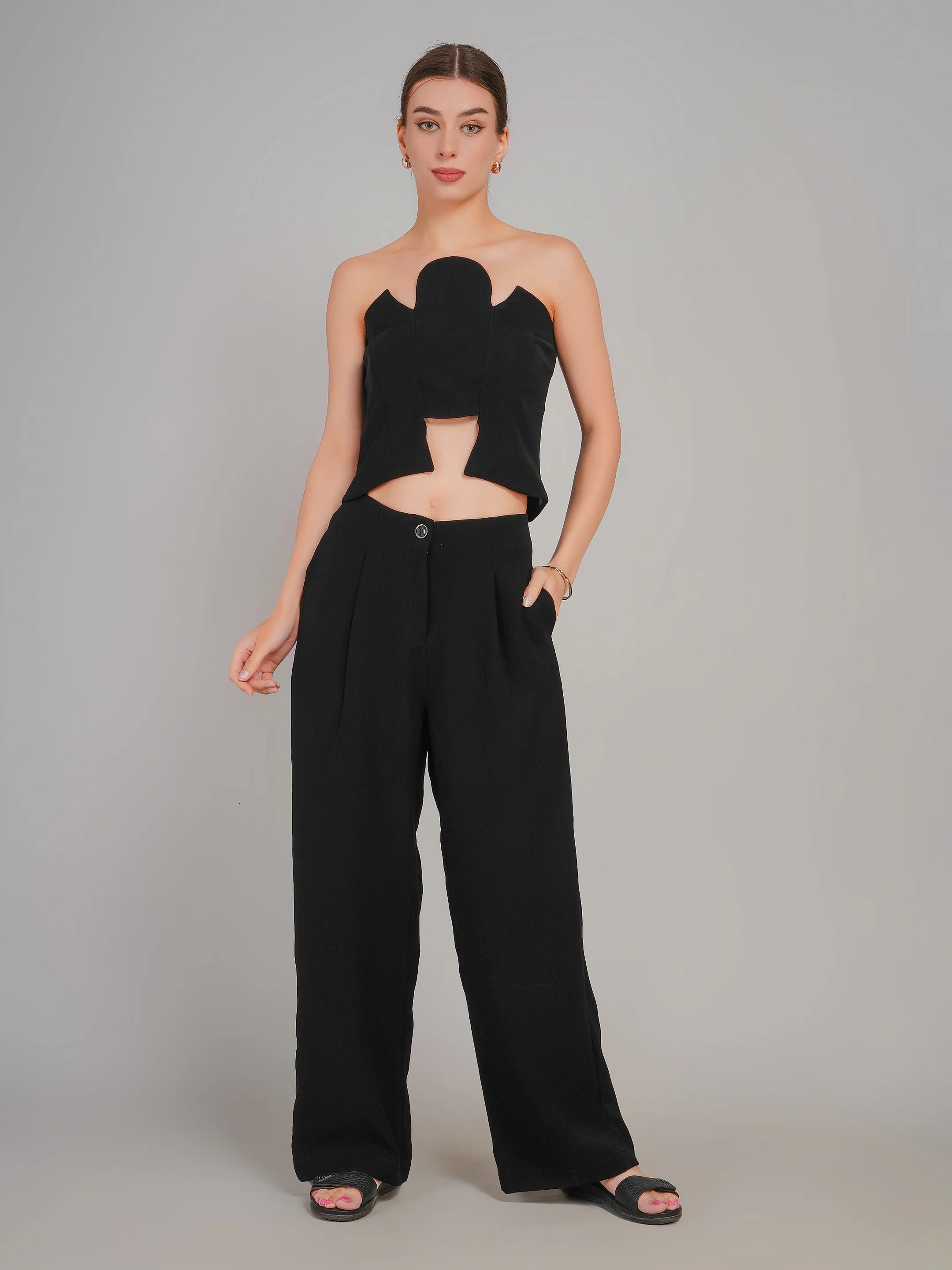 Women Black Solid Blazer with Crop Top & Trousers Co-Ord Set