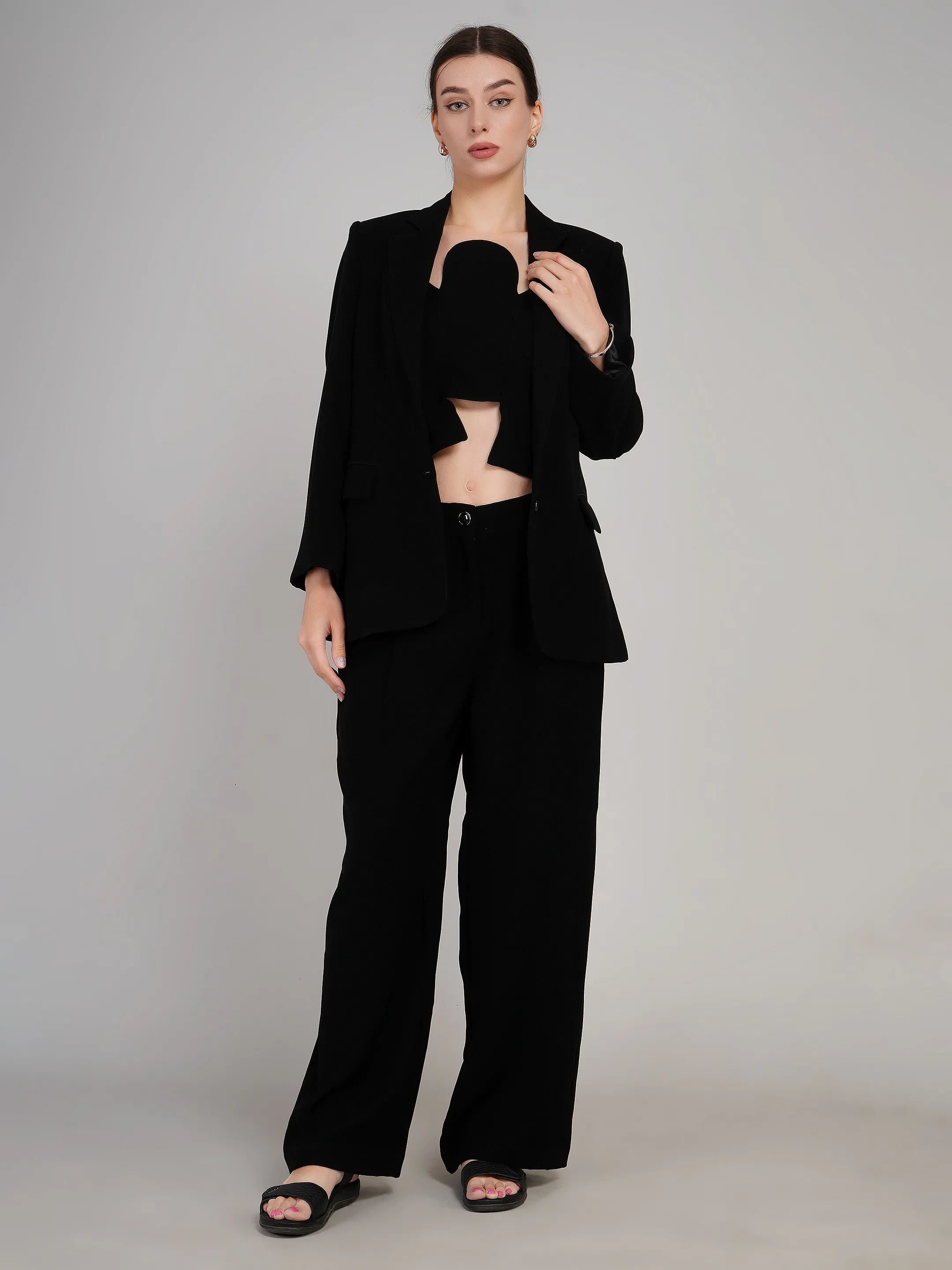 Women Black Solid Blazer with Crop Top & Trousers Co-Ord Set