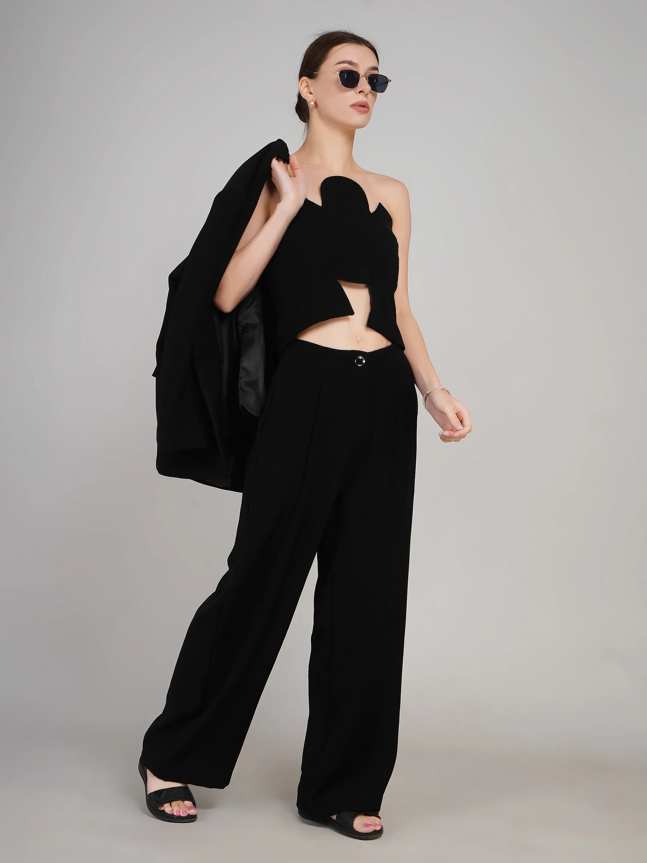 Women Black Solid Blazer with Crop Top & Trousers Co-Ord Set
