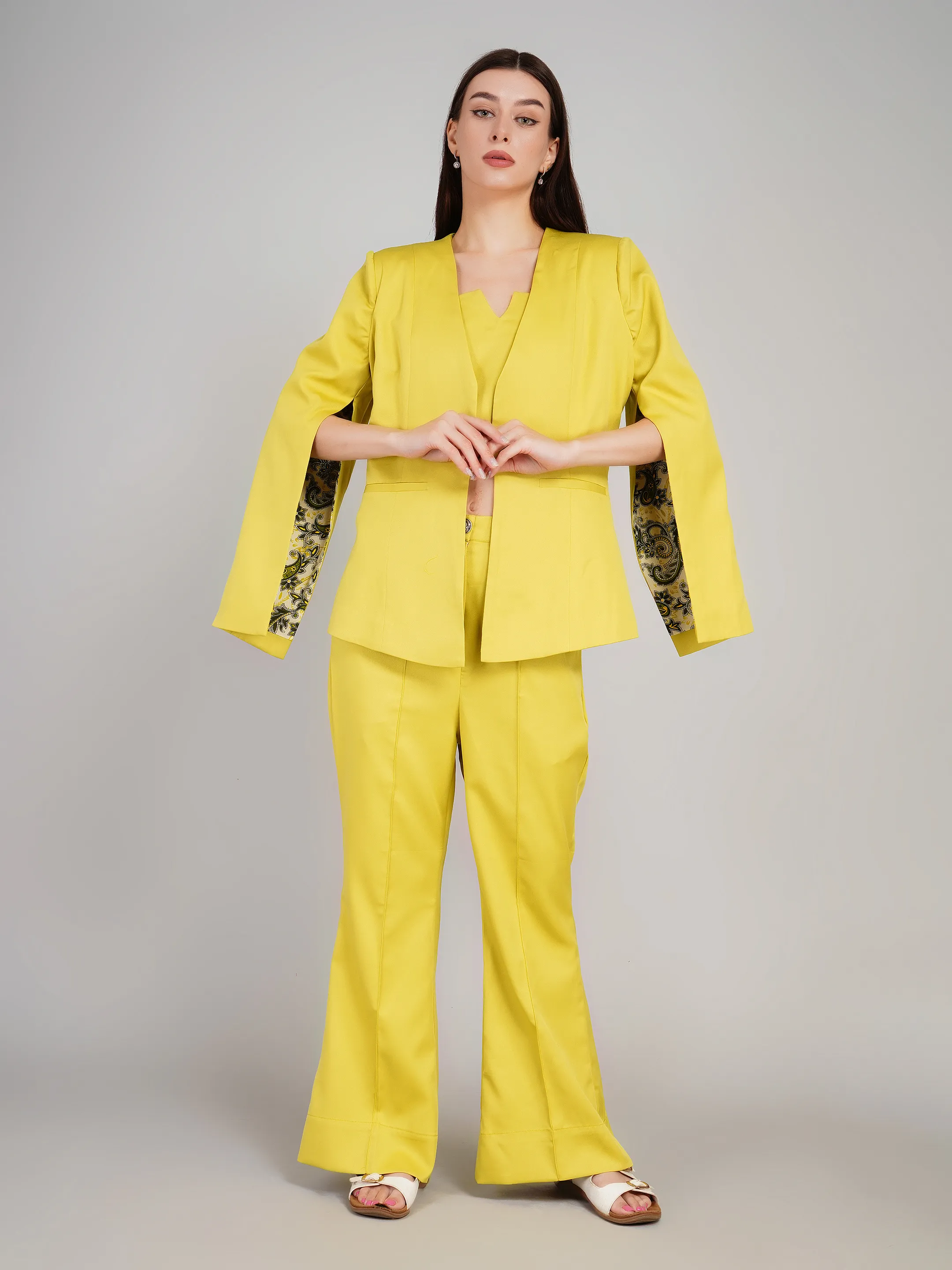 Women Mustard Yellow Cape Sleeve Blazer & Pants Set