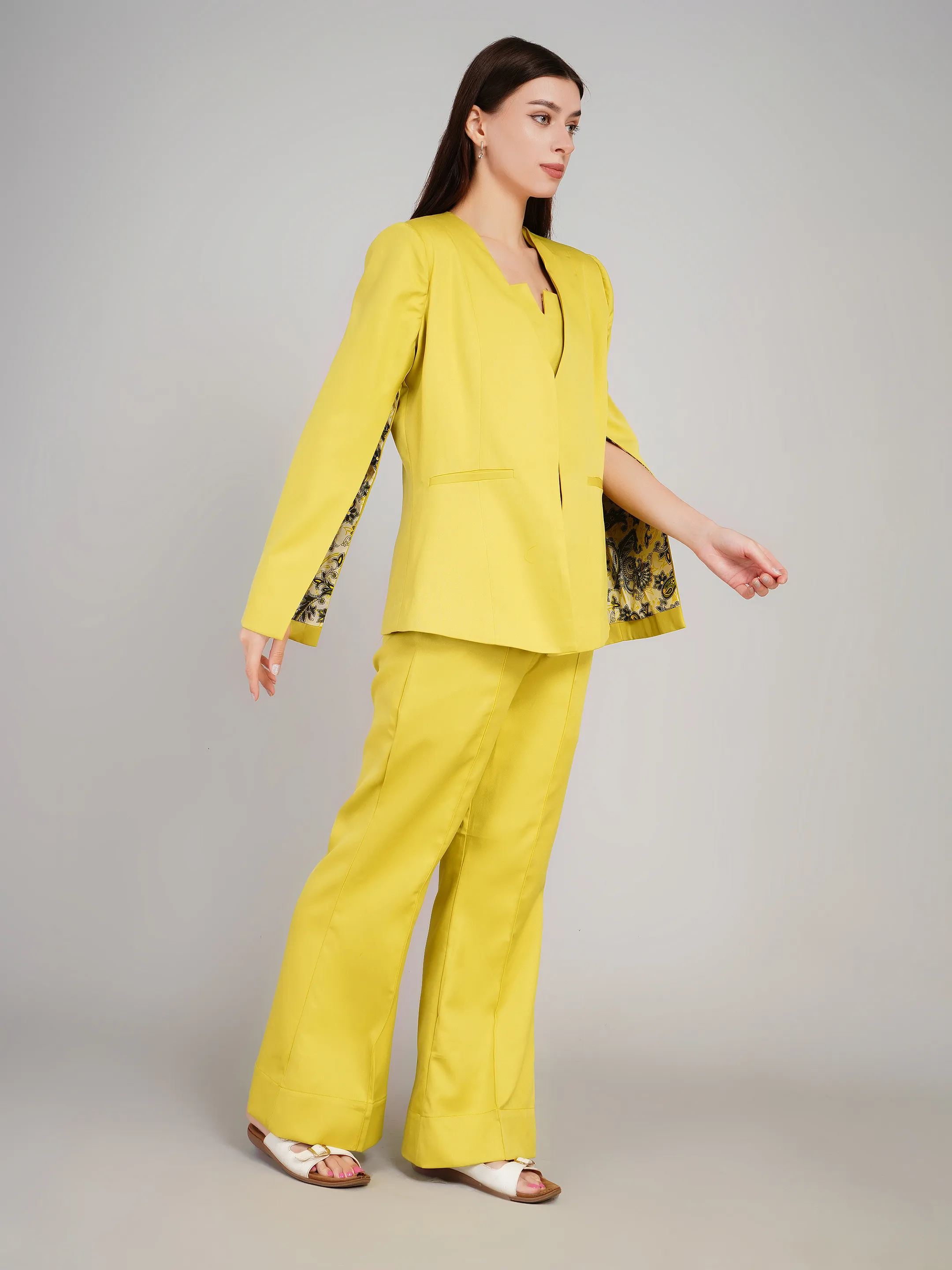 Women Mustard Yellow Cape Sleeve Blazer & Pants Set