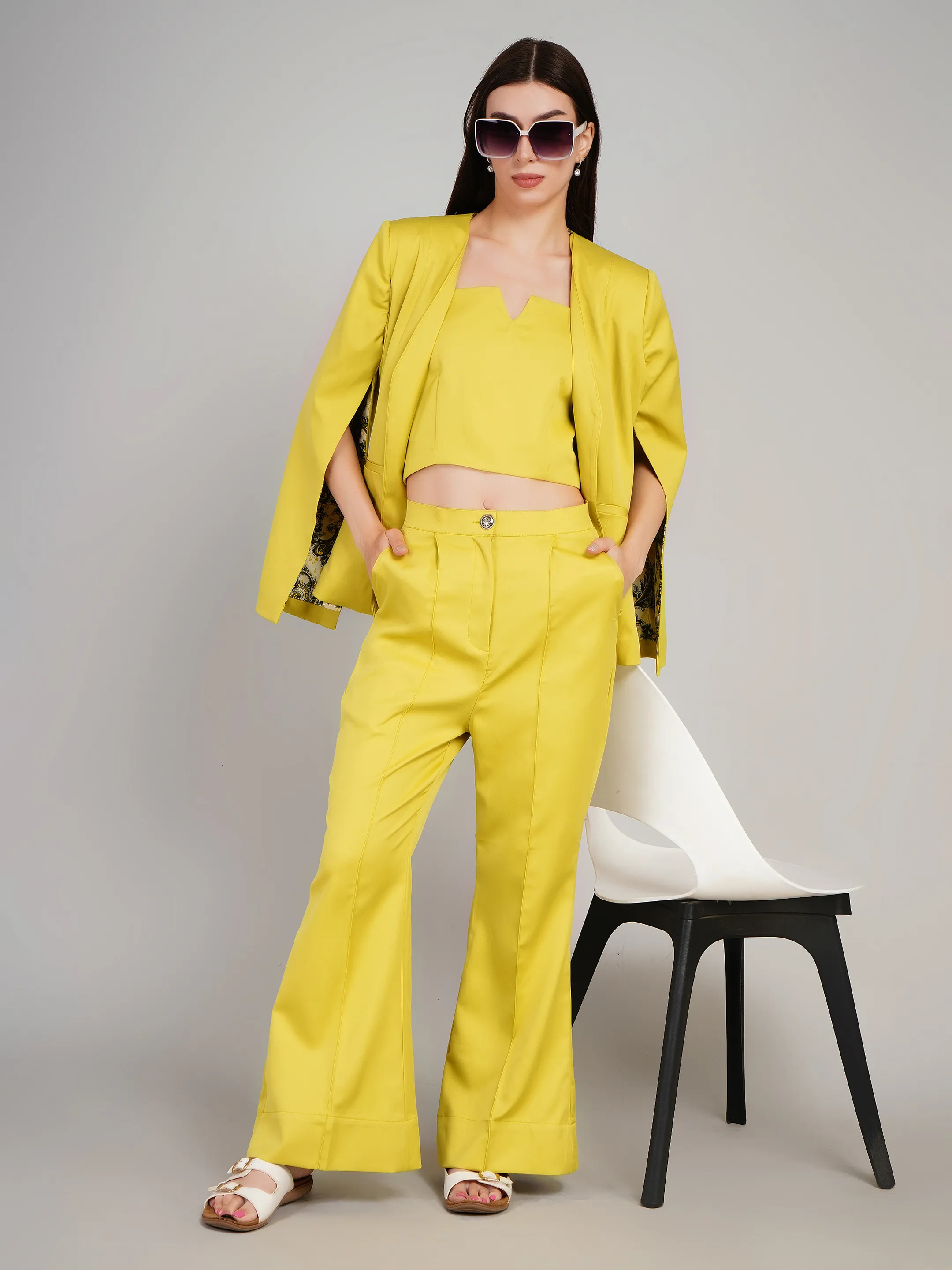 Women Mustard Yellow Cape Sleeve Blazer & Pants Set
