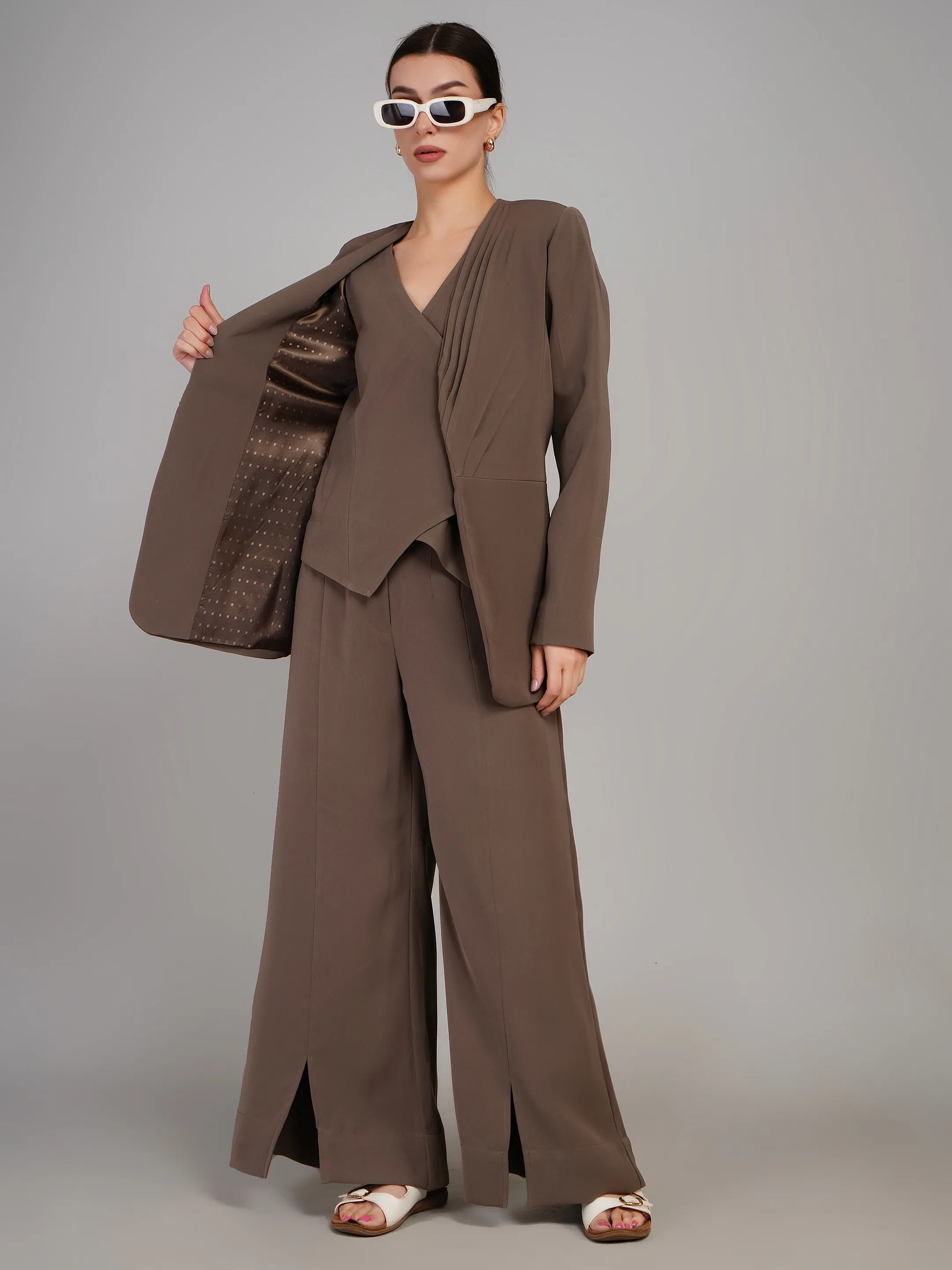 Women Coffee Brown Tailored Blazer & Pants Set