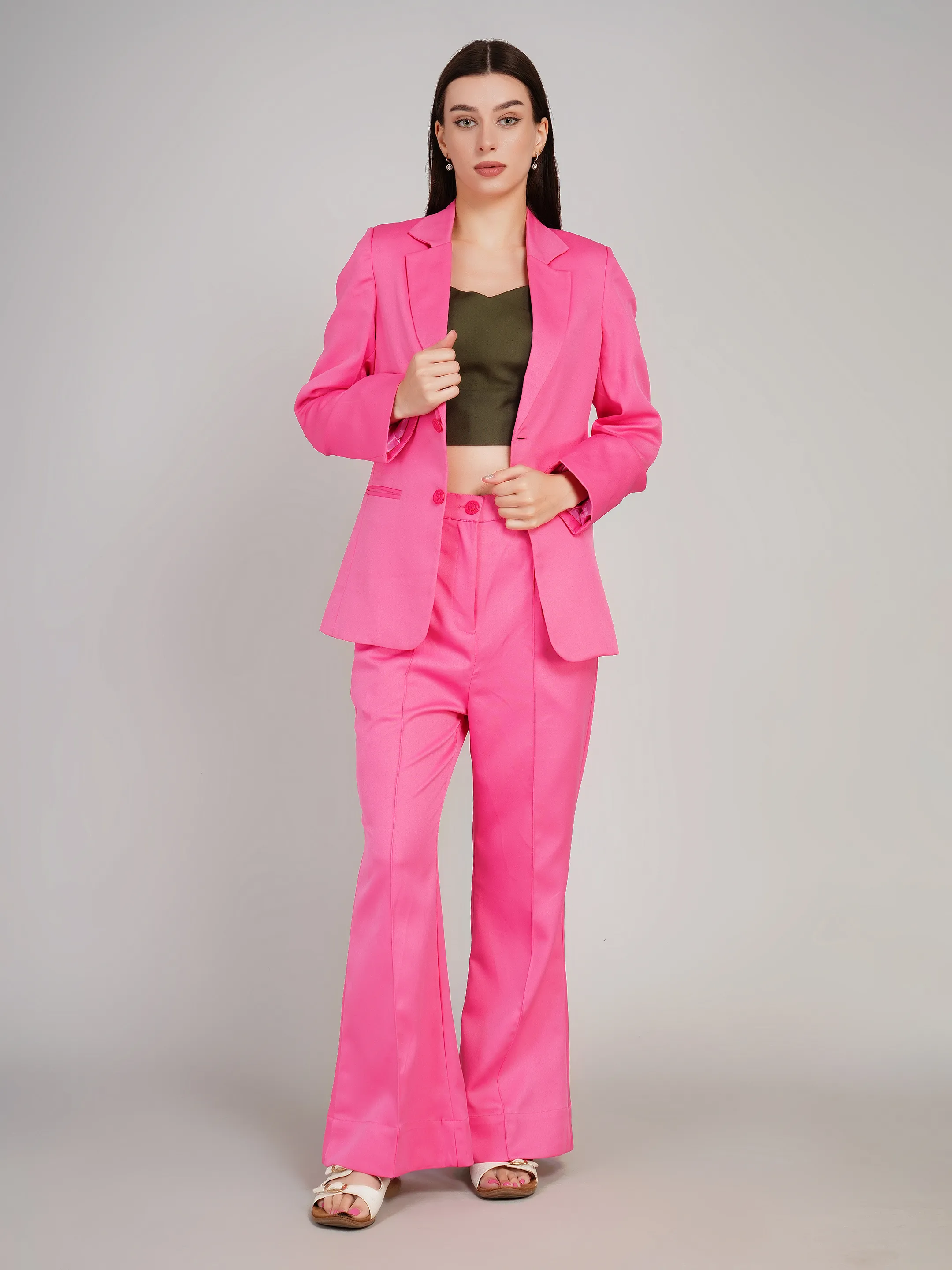 Women Pink Solid Blazer with Trousers Co-Ord Set