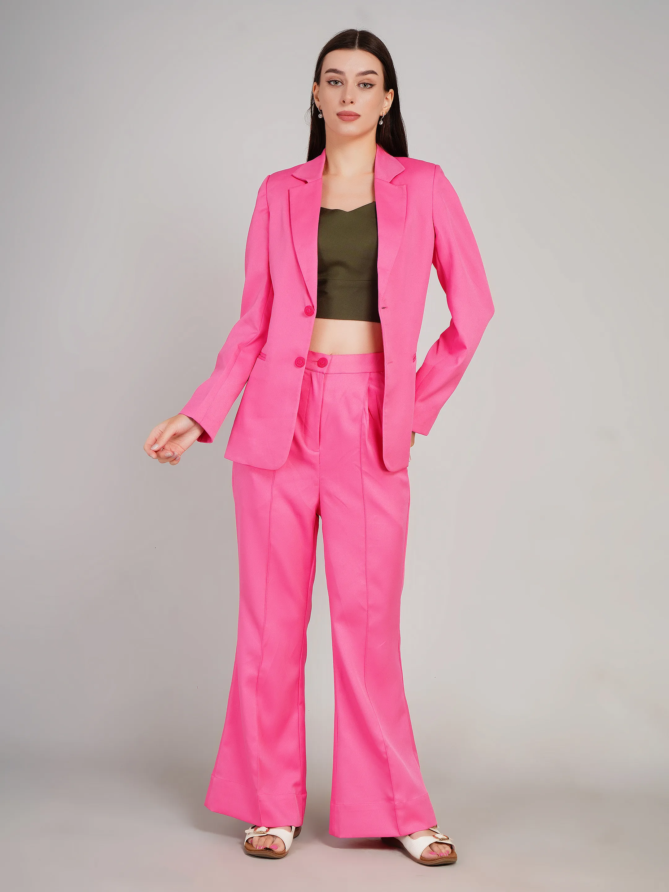 Women Pink Solid Blazer with Trousers Co-Ord Set
