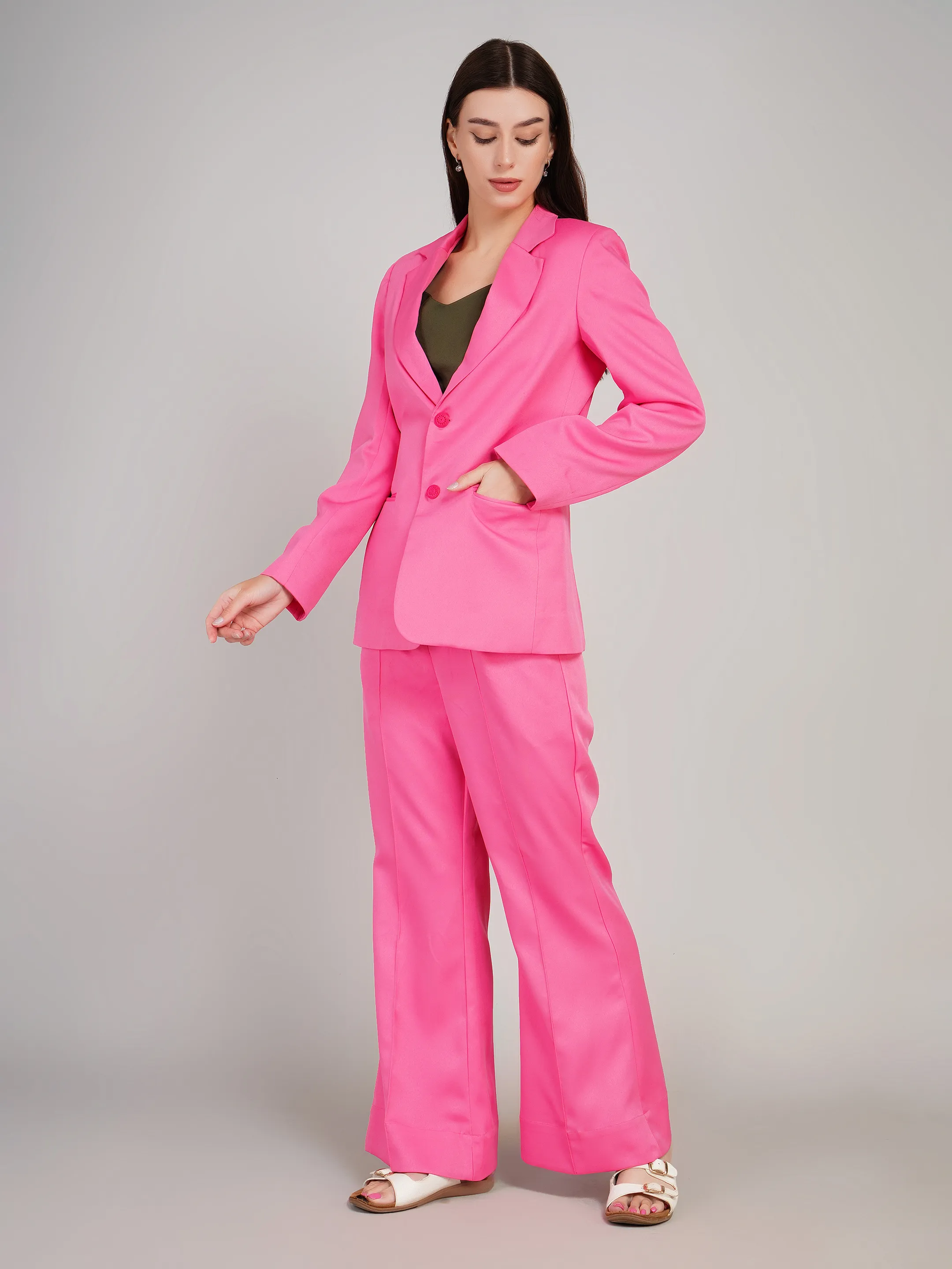 Women Pink Solid Blazer with Trousers Co-Ord Set
