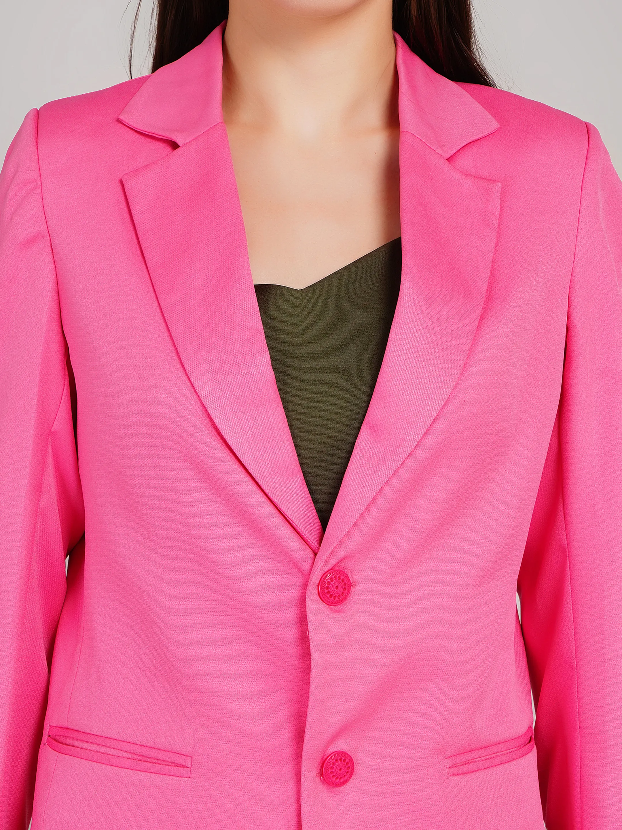 Women Pink Solid Blazer with Trousers Co-Ord Set