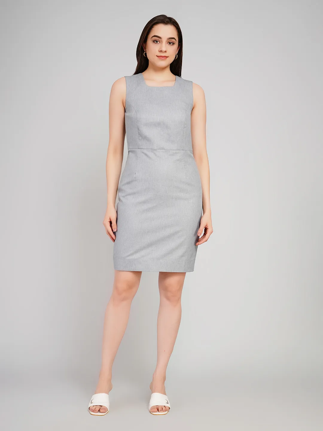 Women Grey & Black 2-Piece Set with Contrast Lapel Blazer & Sheath Dress