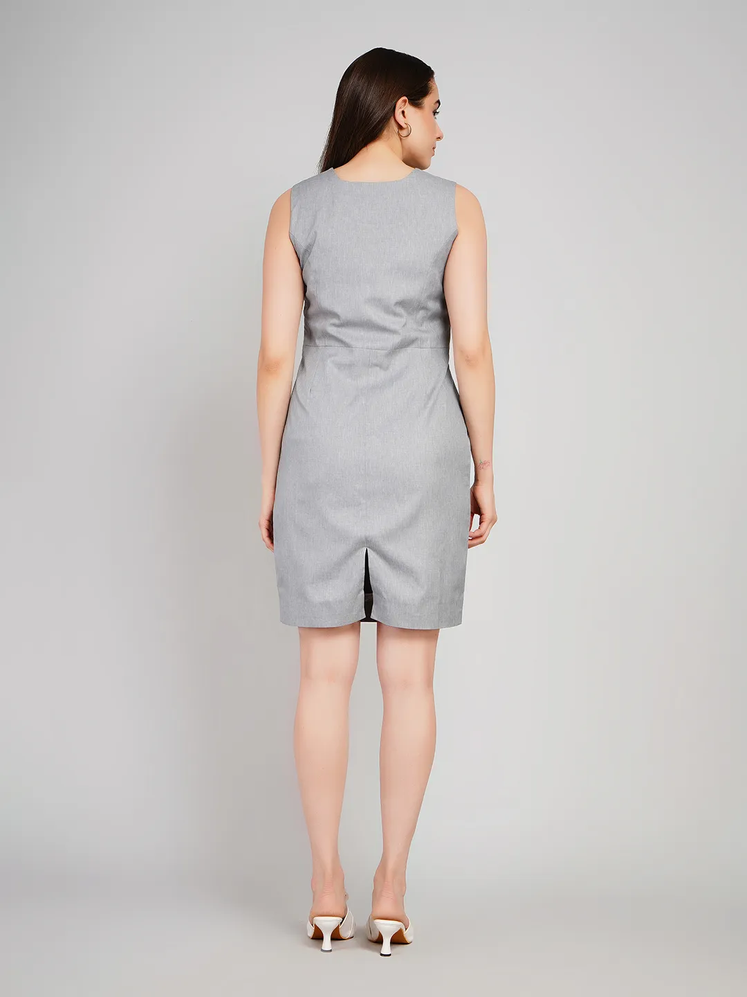 Women Grey & Black 2-Piece Set with Contrast Lapel Blazer & Sheath Dress