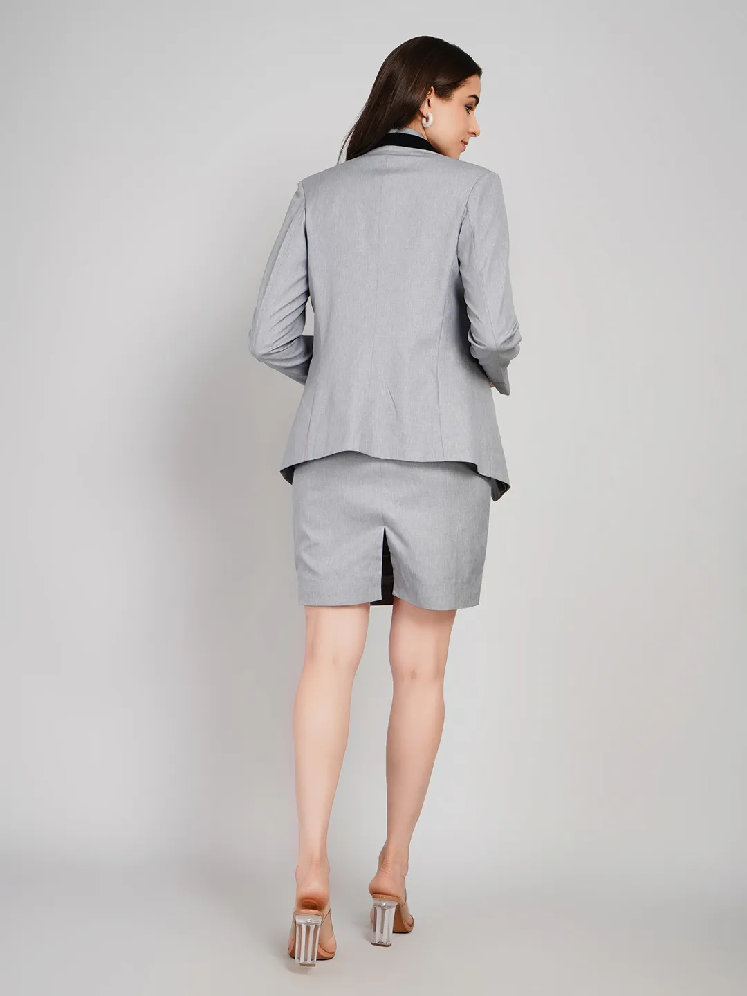 Women Grey & Black 2-Piece Set with Contrast Lapel Blazer & Sheath Dress