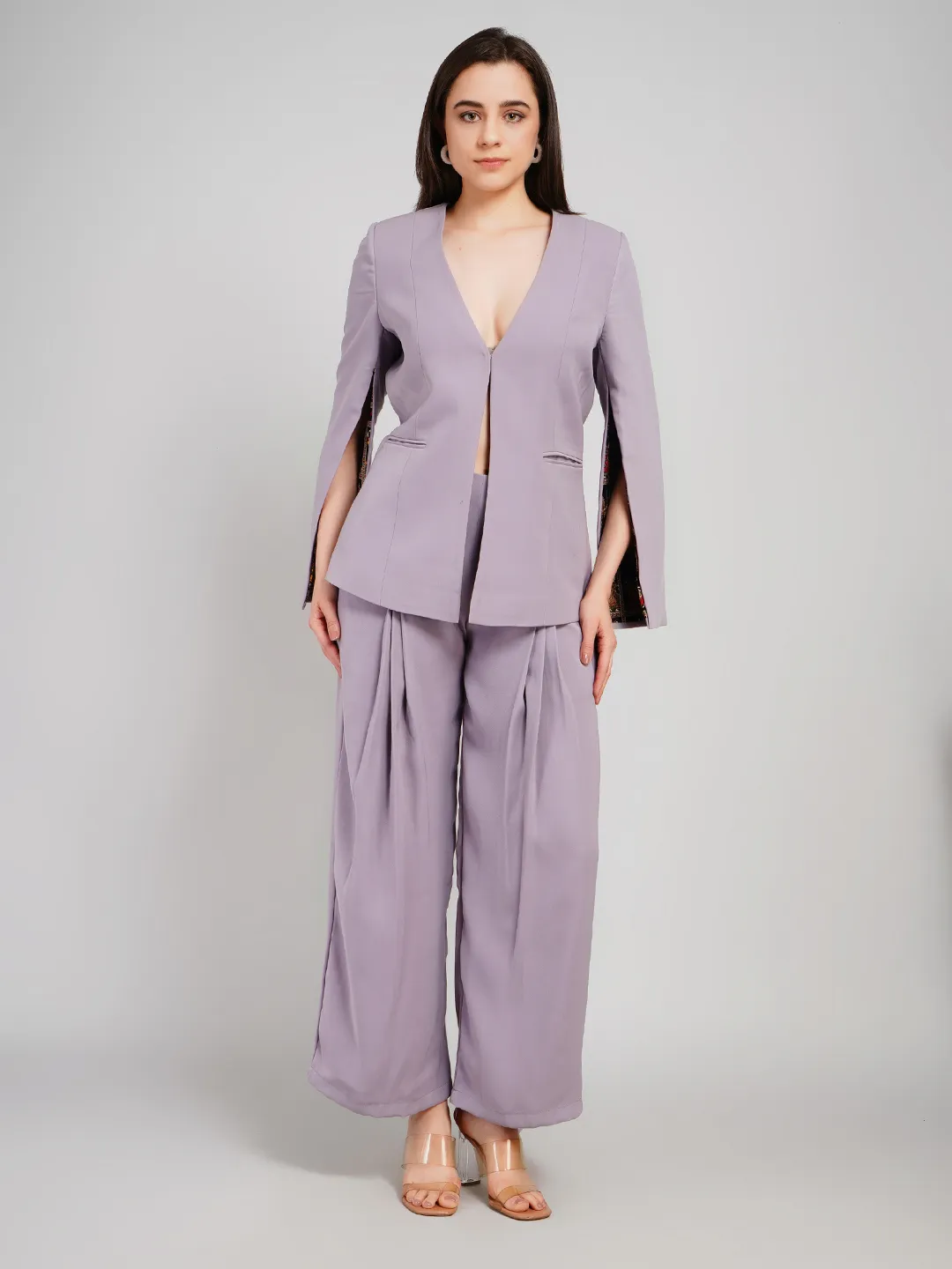 Women Lavender-Grey 2-Piece Co-Ord Set with Cape-Sleeve Blazer & Pleated Pants