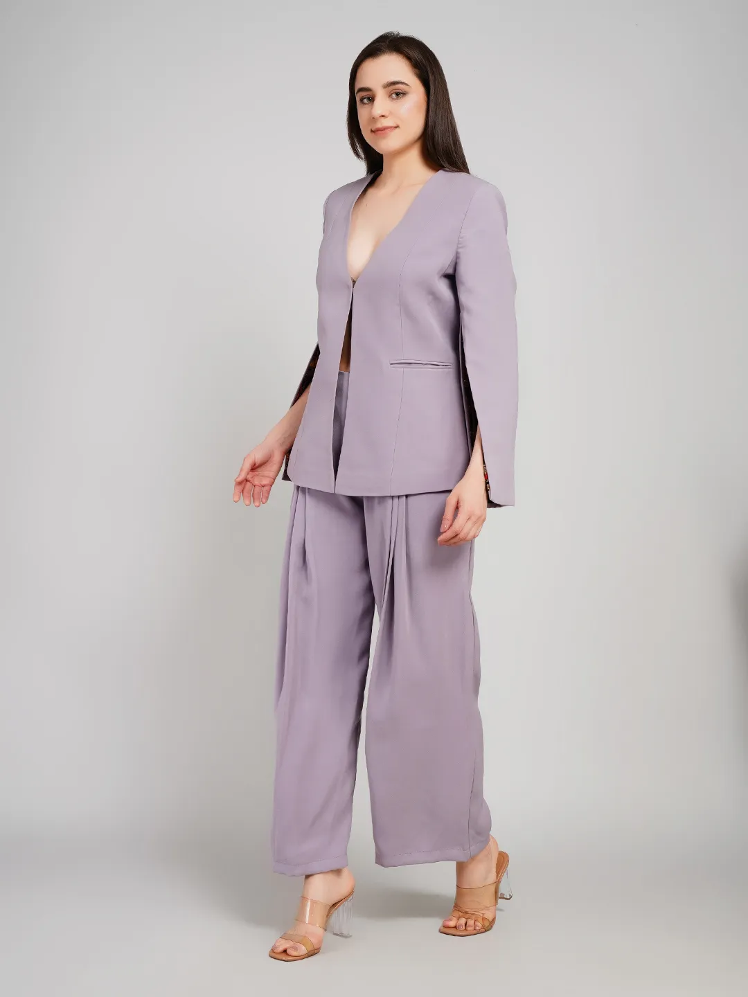 Women Lavender-Grey 2-Piece Co-Ord Set with Cape-Sleeve Blazer & Pleated Pants