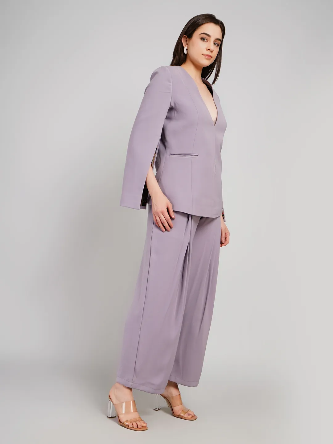 Women Lavender-Grey 2-Piece Co-Ord Set with Cape-Sleeve Blazer & Pleated Pants