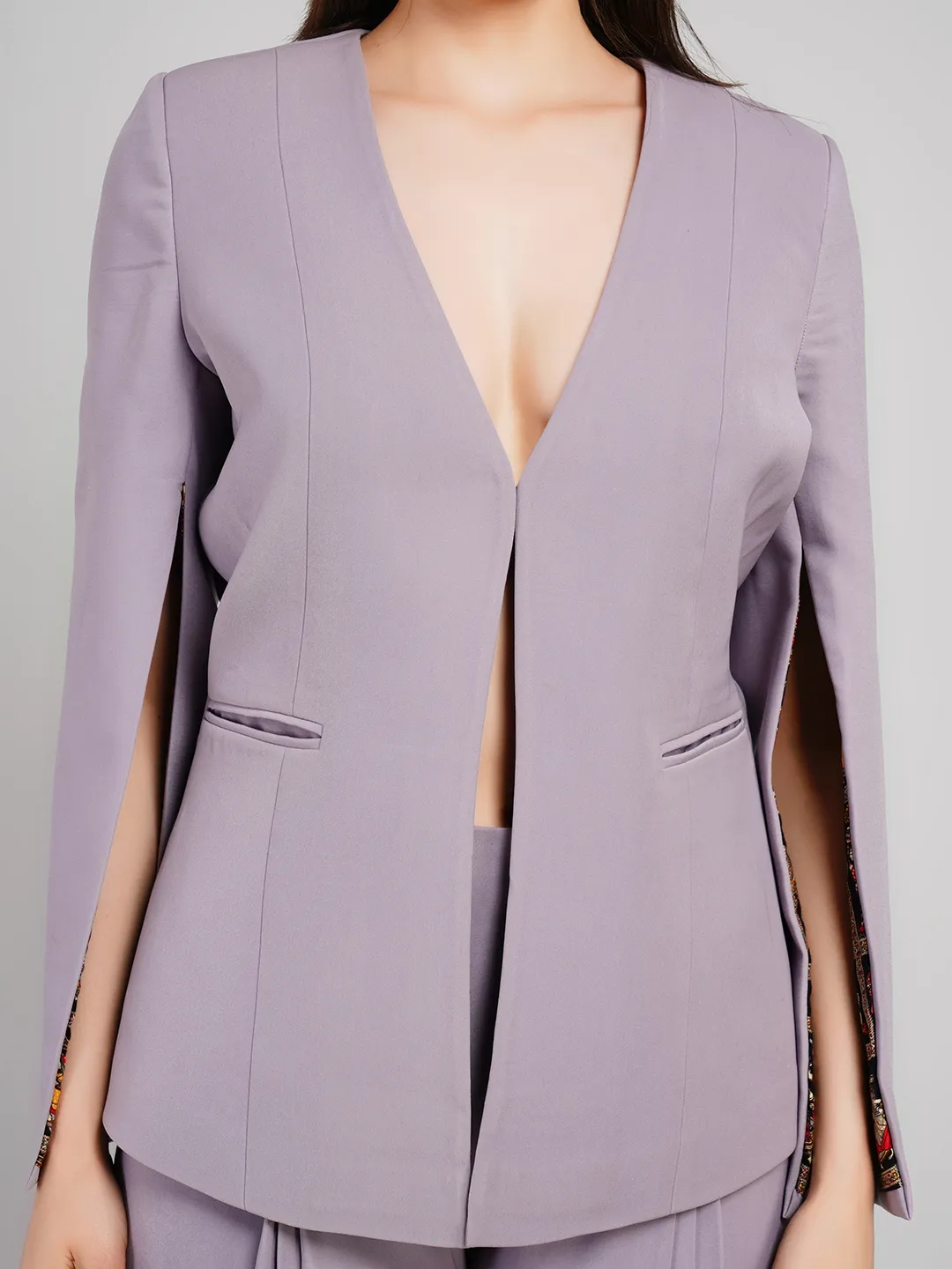 Women Lavender-Grey 2-Piece Co-Ord Set with Cape-Sleeve Blazer & Pleated Pants