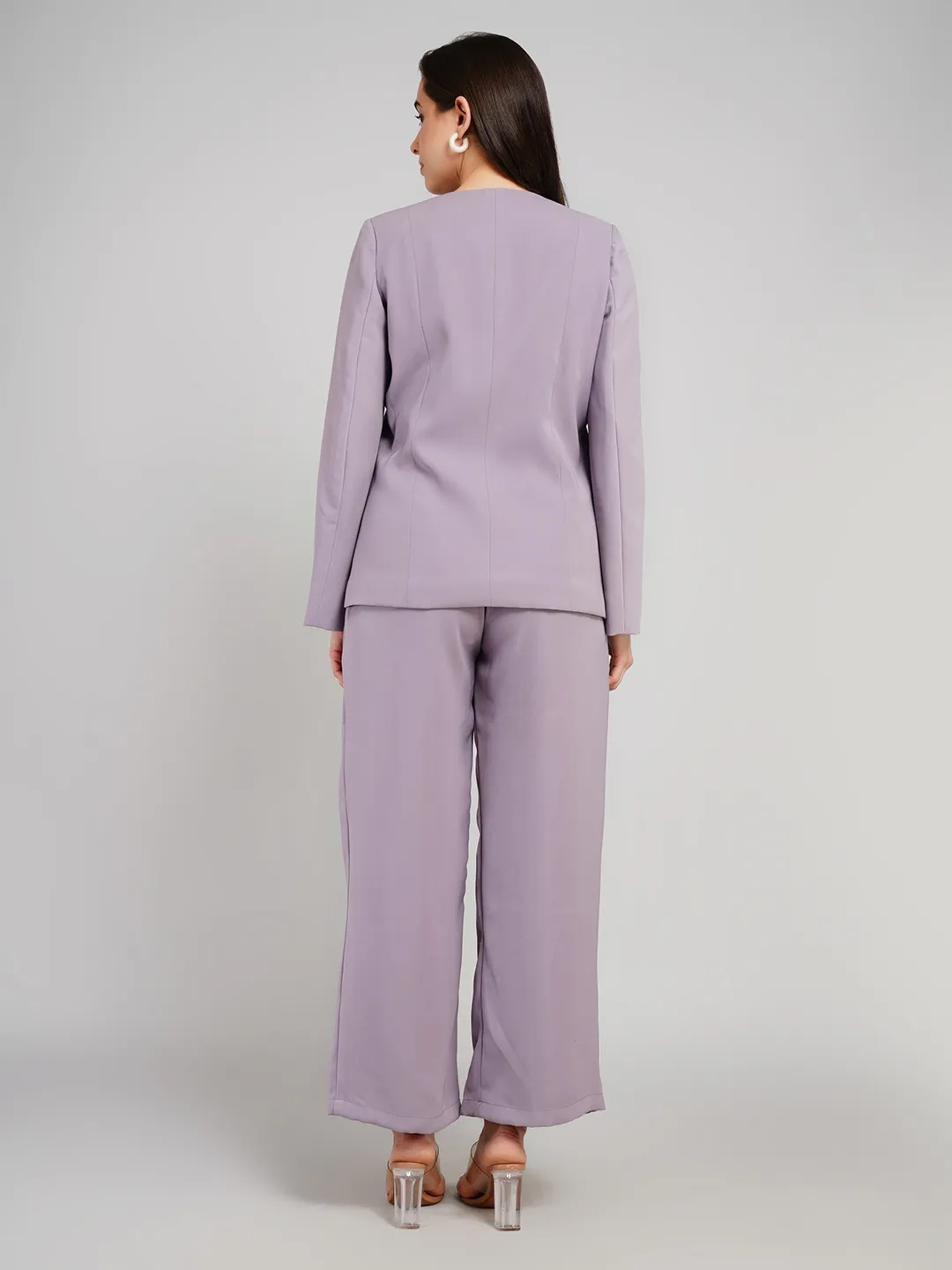 Women Lavender-Grey 2-Piece Co-Ord Set with Cape-Sleeve Blazer & Pleated Pants